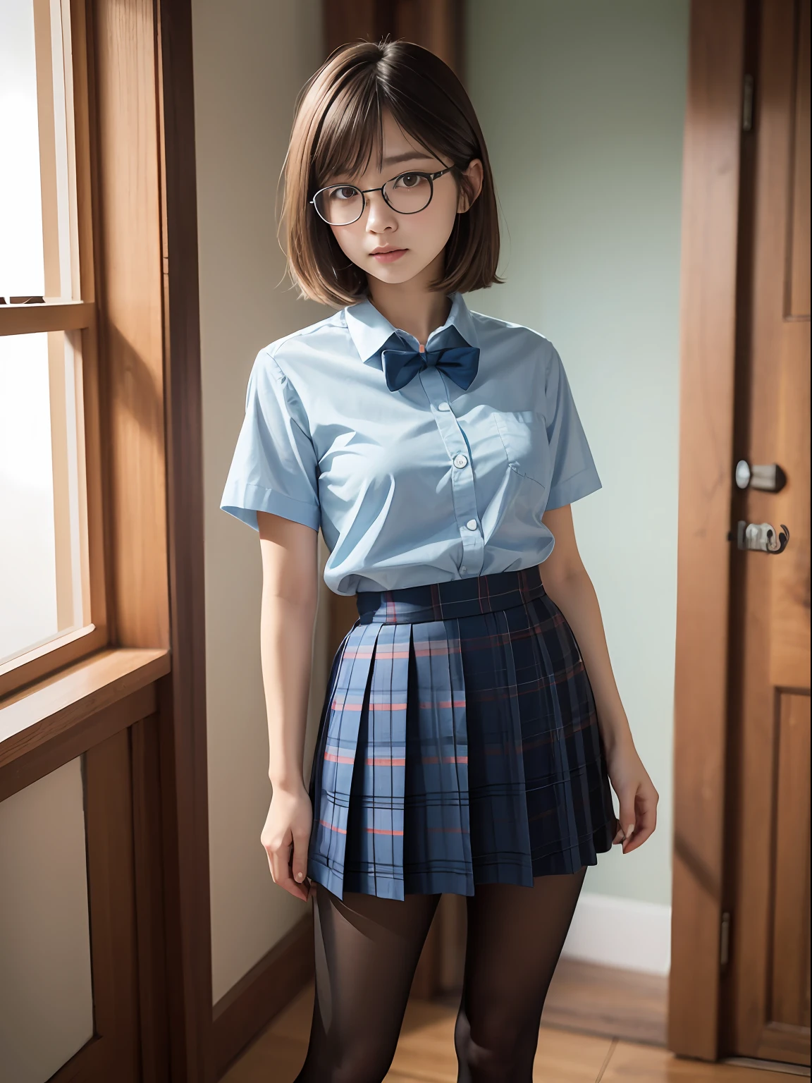 (8K、Raw photography、top-quality、masterpiece:1.2),de pele branca,kne,(Black pantyhose),absurderes,a small face,small tits,flat breast,Parting the bangs from the middle、Forehead visible,(Tight eyes,glares,Bullish,skinny,Rasping,irate)、masterpiece,top-quality、超A high resolution,Raw photo,ren,Beautiful fece,One Person, 独奏,eye glass,,Dark look,Small breasts,fullllbody,Round glasses、cute little、JK school uniform,hi-school girl,A Japanese Lady,is standing,(Photorealsitic:1.37)、Photon mapping,Light blue ribbon,Realistic、Cute little face,Brown-eyed、Black socks、(Red bow tie)、Radio City、Physically Based Rendering、Foreground、depth of fields、Blurry background、a picture,The girls、Body,beauty legs, Long legs, Thin leg,Long bob cut,(Bangs are visible), hair, s lips, Blue_The eye, nosesoft,(Light blue shirt), (Navy and blue and white plaid pleated skirt), Knees are visible,Sheer clothing,, Thigh, Black cotton socks,Nogizaka Idol, 女優, Japanese ido