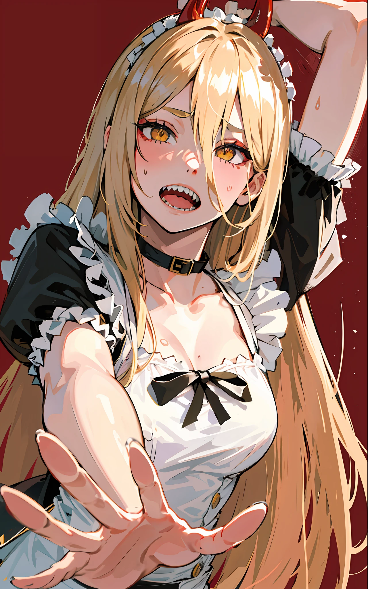 tmasterpiece， (Sharp teeth:1.1),（Ultra detailed backgrounds， delicate patterns， Complicated details， highly  detailed， finely detailled）， Best quality at best， strength， 1girll， banya， 独奏， teeth，full of sweat， Panic，A flustered smile，dentes pontiagudos，the maid outfit，  cross-shaped pupils， long whitr hair， Yellow eyes， （（blond hairbl， little breast））， Red horn， jaket， （complex detailed background）， （（（cross-shaped pupils， pupils in symbol shapes）））