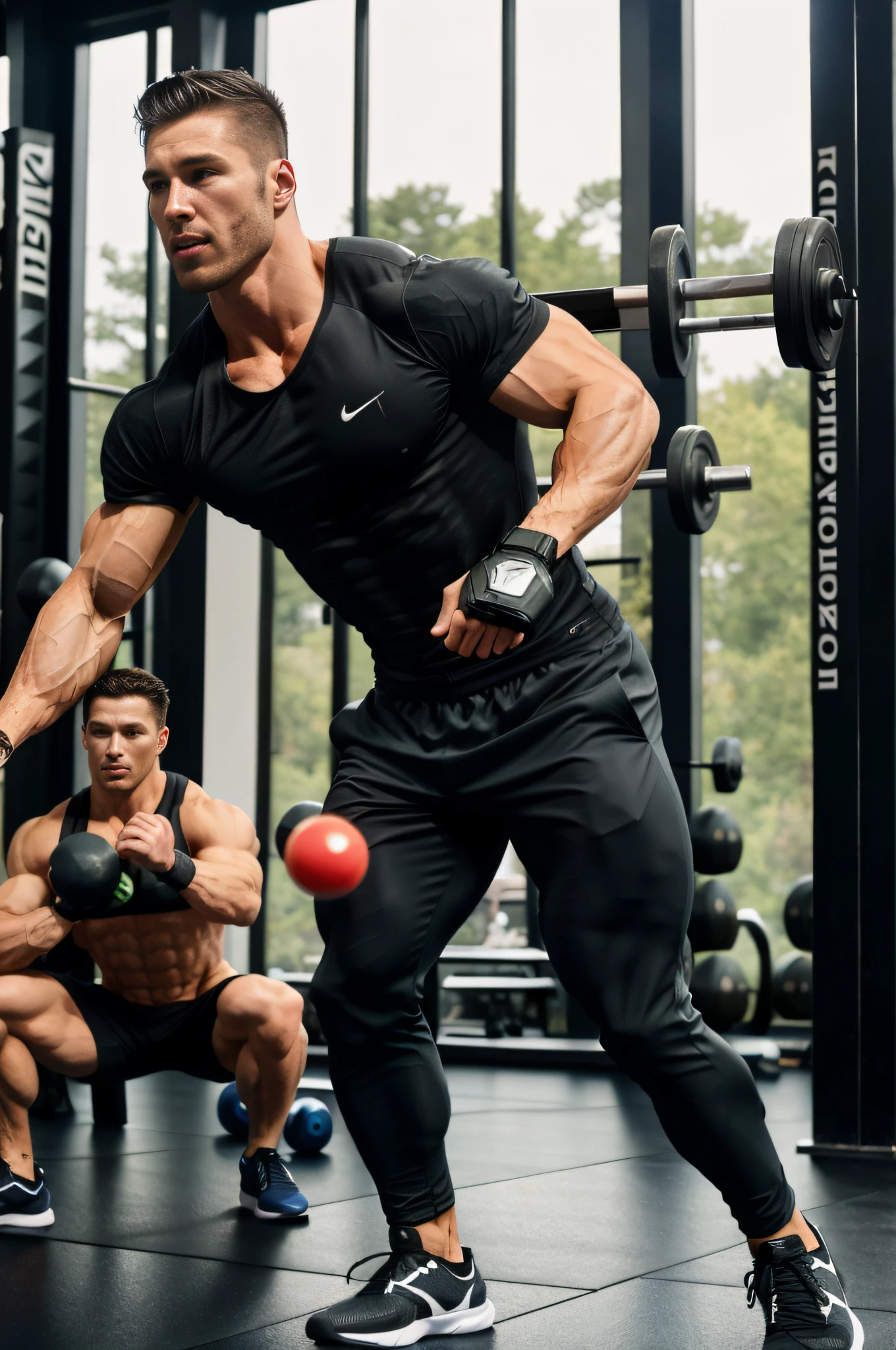 White European and American man working out in gym, athletic fashion photography, athletic muscle tone, workout, carrying two barbells, Hypersphere, athletic and strong, VSX, muscular definition, in detail, exaggerated muscle physique, slender and muscular build, strong and muscular, Perfect muscle structure, defined muscles, Body movement, lookbook, fit physique,Live-action style,Hyper-realistic style,Enjoy the expression with ease