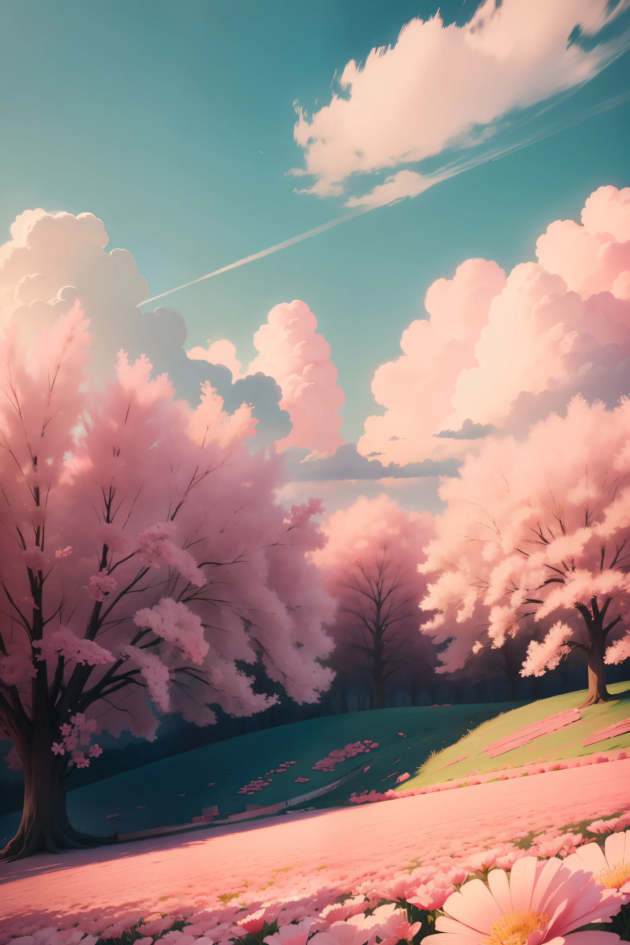 A sea of pink flowers under pink white clouds,Candy color,Girly