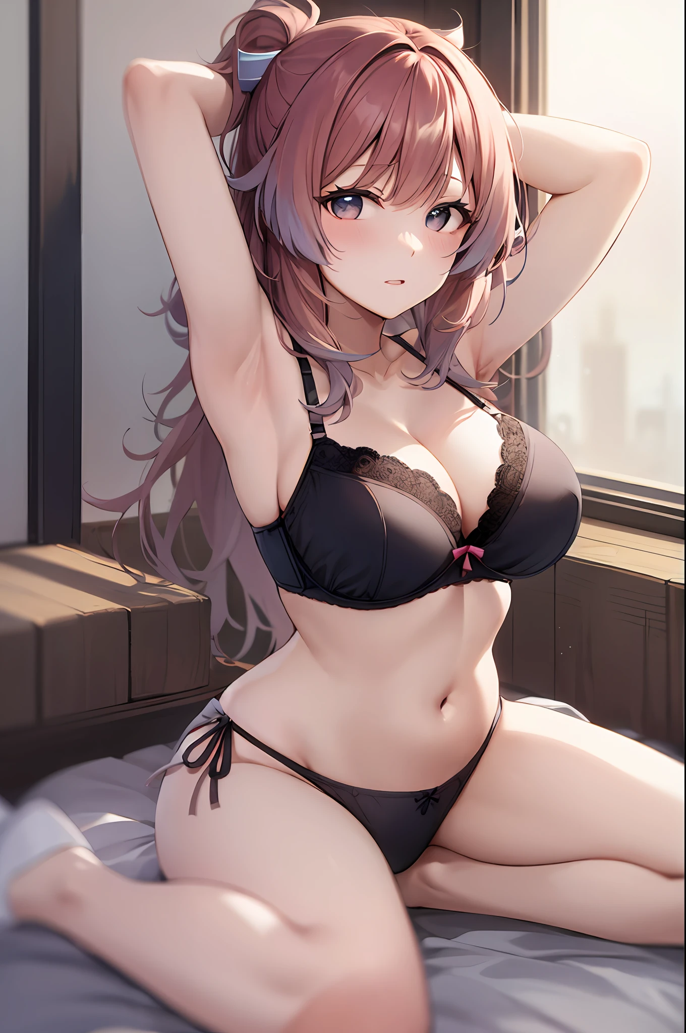 1Sangonomiya kokomi, large breasts, cleavage, navel, t-shirt, ((bra)),clothes lift, skirt, lying, full Body, perfect body ,sitting, armpit