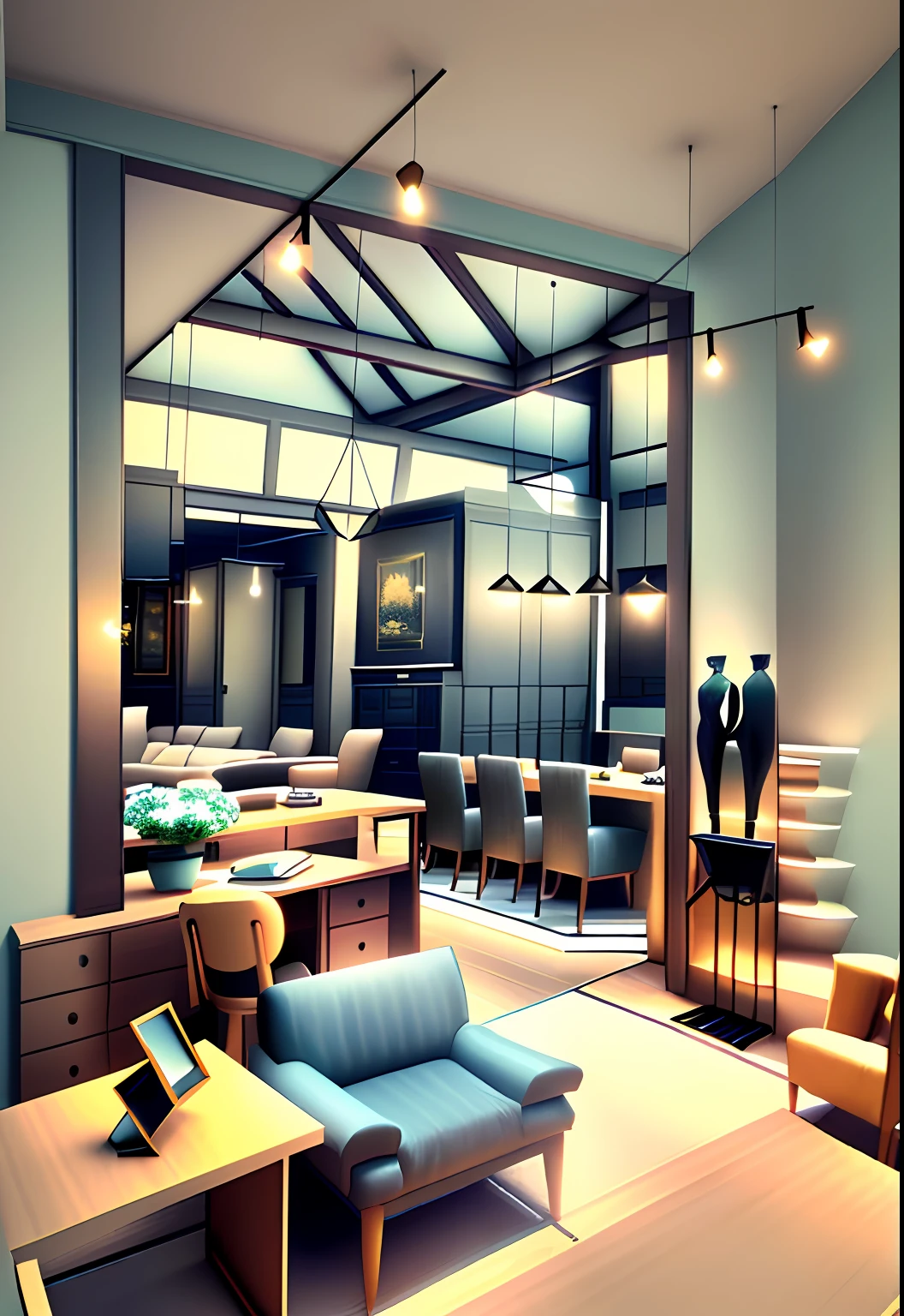 Interior renderings，Three-dimensional effects，3D，Renderer，real photograph，Film light and shadow，4K，dining room，sofe、picture frames、tables and chairs、hanging lights、Spotlights、glass、Luxuriously decorated，Tasteful，rich details​，真实感，Photographic photo