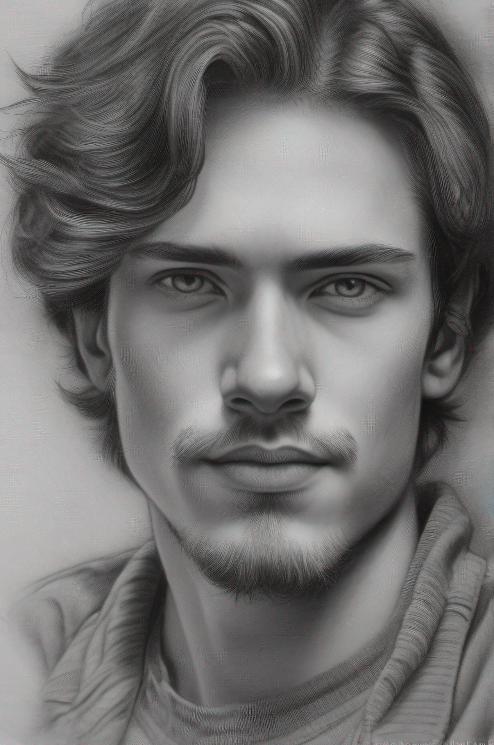 A compelling greyscale pencil drawing portraying a confident age male with facial hair, exuding elegance and charm, showcased in a detailed portrait that extends till his upper body. The teen's facial features are meticulously drawn, capturing precise details of his well-defined jawline, expressive eyes, and intricate facial hair. His confident look is emphasized, radiating an aura of self-assurance. The drawing is rendered in 8K HDR, ensuring stunning visual clarity and depth, elevating the detailed artwork. The background is kept minimal, accentuating the focus on the teenageraptivating presence and the elegant greyscale aesthetics. Style: Pencil drawing with a focus on precise linework, shading, and texture, capturing the essence of the teenager's cdent expression and facial features. Execution: Created using high-quality pencils on fine-grained paper, employing various shading techniques to achieve a lifelike portrayal with rich details and textures, while showcasing the elegant greyscale style that enhances the teenager's chari