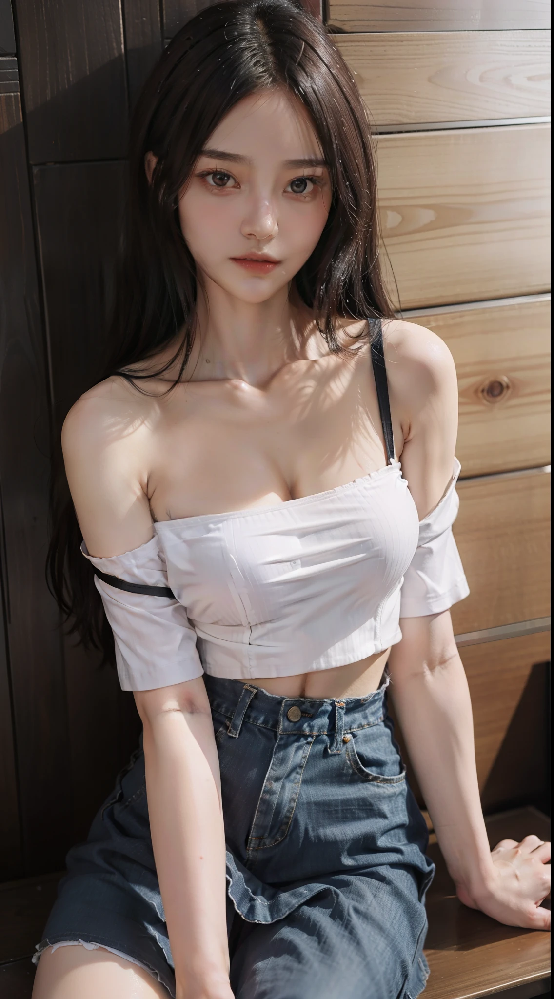 （（best qualtiy，8K，tmasterpiece：1.3））），Clear focus：1.2，（layer cut，The large：1.2），Beautiful Women in Perfect Figure：1.4，Slender abs：1.2，Moist body：1.5，Highly Detailed Face and Skin Textur，Detailed eyes，二重まぶた，Long hair loose T-shirt,The shoulder straps slip off,Snowy peaks in sight,Short skirt narrow waist,Jade legs staggered,Small cherry bites,Hair is slightly curled,The gaze is like water,Sit against the wall and have a fresh tone,Picture harmony