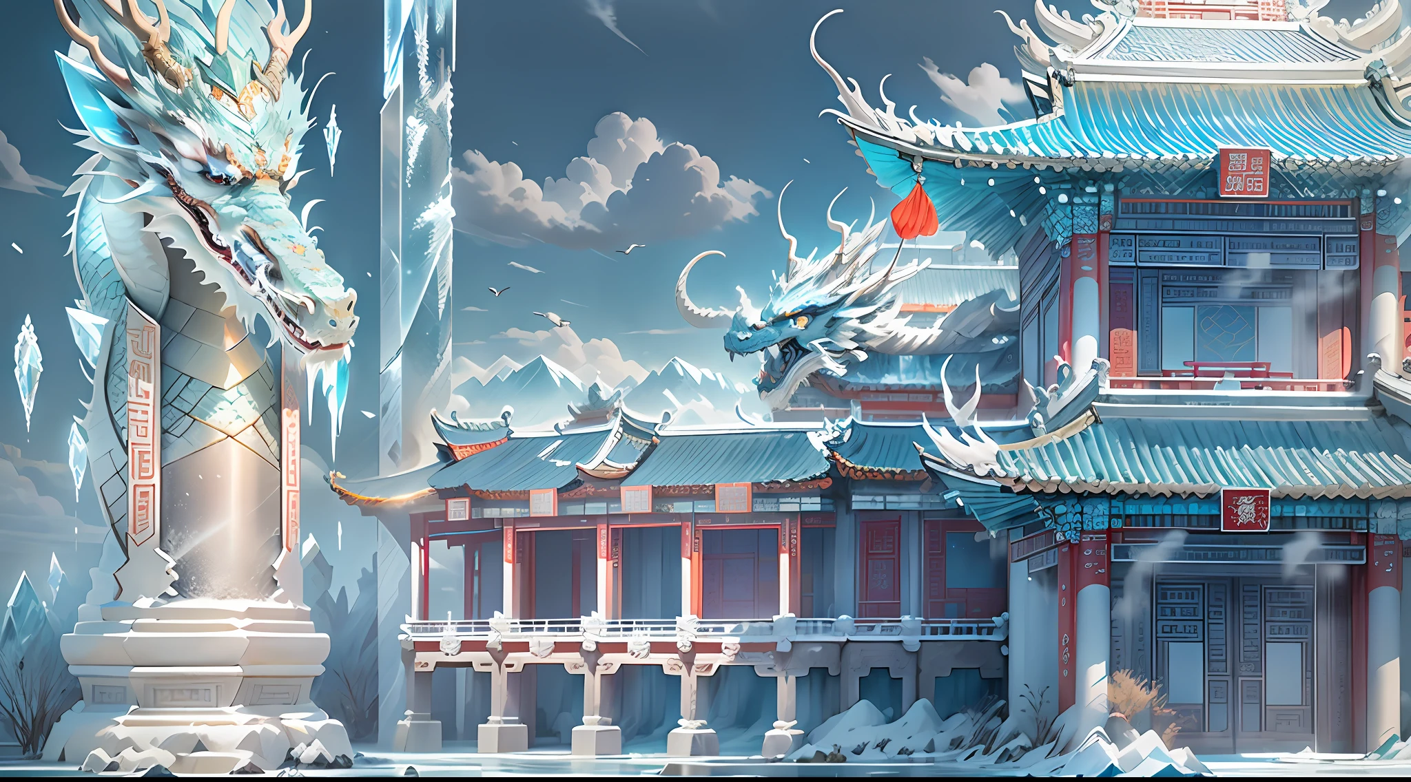 A magical world, (((transparent building)))，(Floating in the sky：1.5)，(White clouds on the ground:1.5)，(((Crystal tiles)))，(((crystal column)))，（（（Crystal wall）））(((The pillars are carved with Chinese dragons)))，Nice colorful light decoration, (icey)，(Frozen Palace:1.5)，best qualtiy，tmasterpiece, 8k 辛烷值渲染, Photorealistic, Cinematic lighting, detailed building, The art of detail carving，Chinese Ancient Architecture，