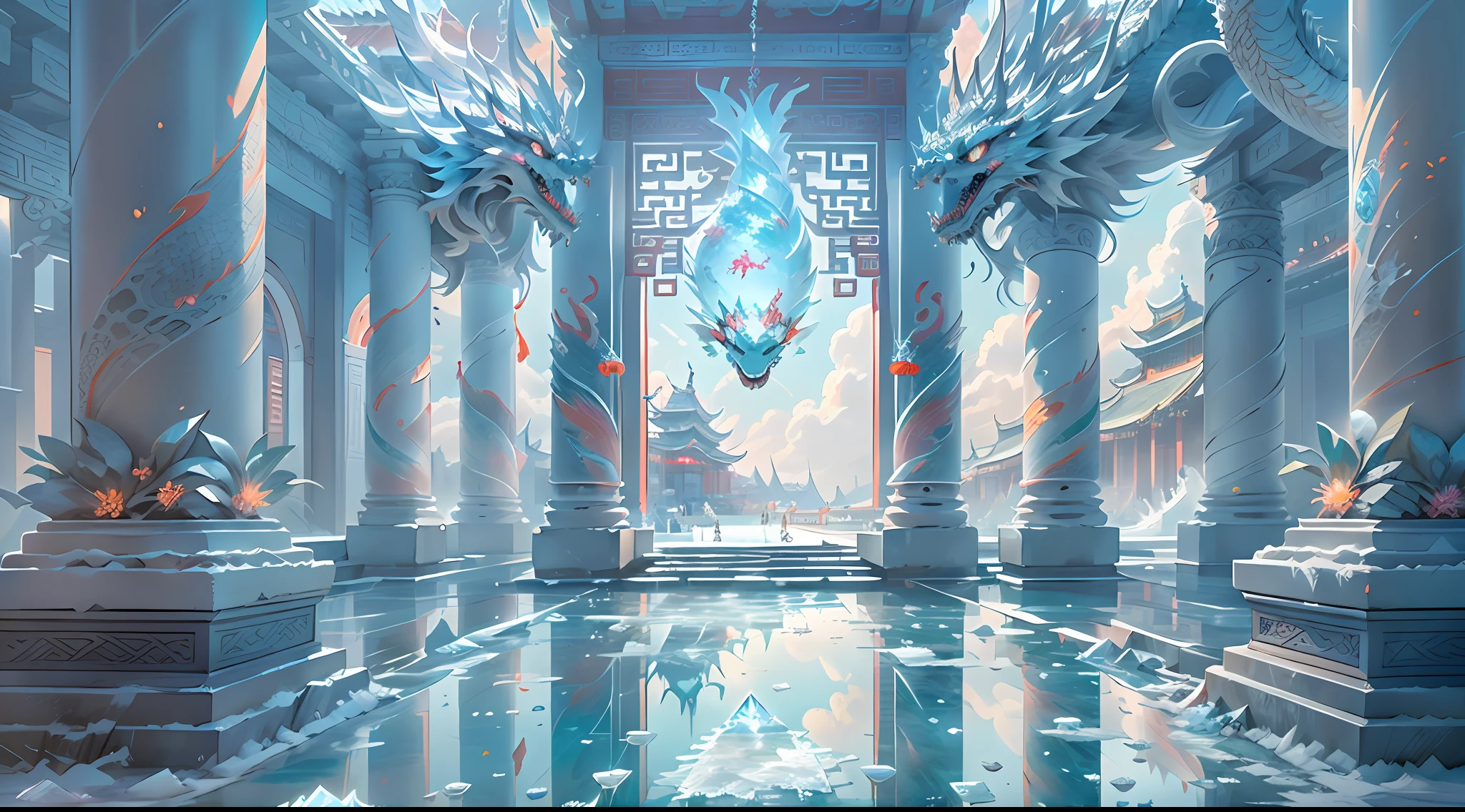 A magical world, (((transparent building)))，(Floating in the sky：1.5)，(White clouds on the ground:1.5)，(((Crystal tiles)))，(((crystal column)))，（（（Crystal wall）））(((The pillars are carved with Chinese dragons)))，Nice colorful light decoration, (icey)，(Frozen Palace:1.5)，best qualtiy，tmasterpiece, 8k 辛烷值渲染, Photorealistic, Cinematic lighting, detailed building, The art of detail carving，Chinese Ancient Architecture，