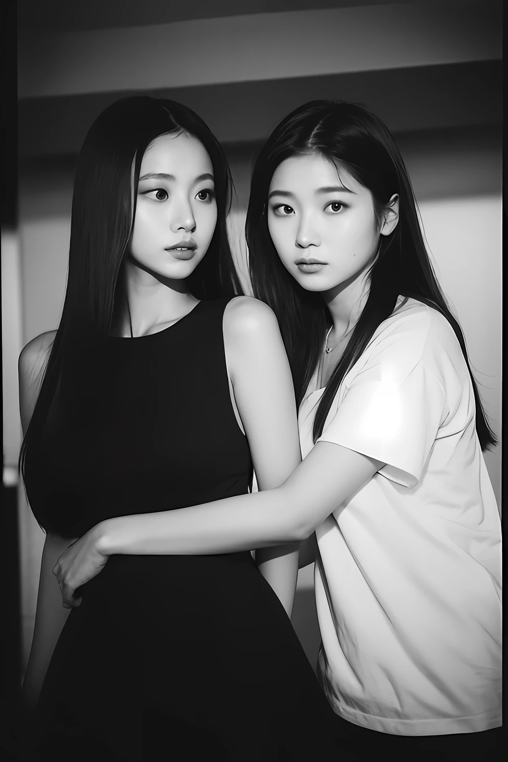 Photo of a two Beautiful Korean kpop idol Woman, Summer, Lustful, film grain, Ilford HP5, 80mm