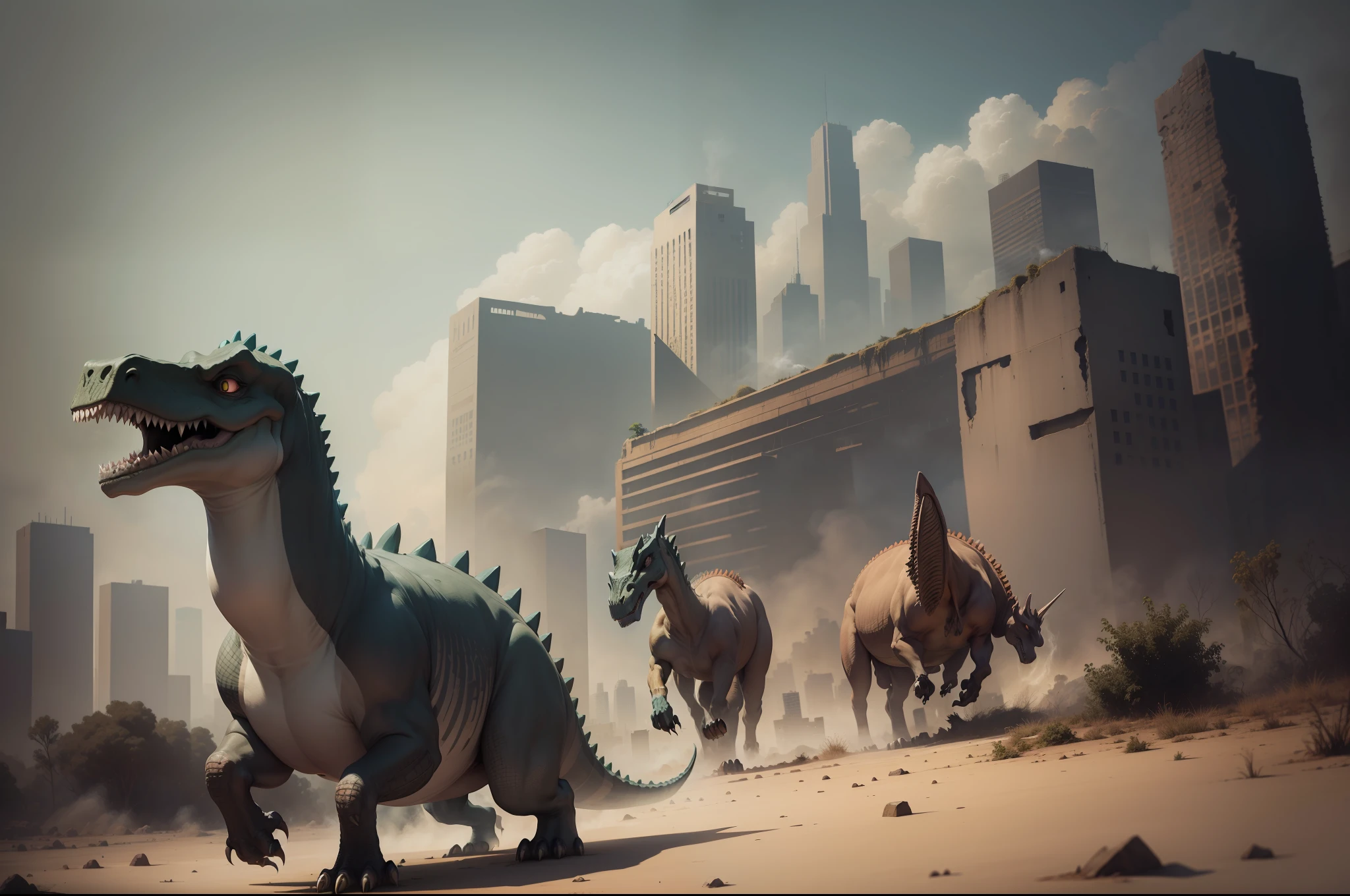 city ruins，smoke of gunpowder，smog，Gloomy day，Eye level height Close-up lens，Dinosaur herd chase，flat land