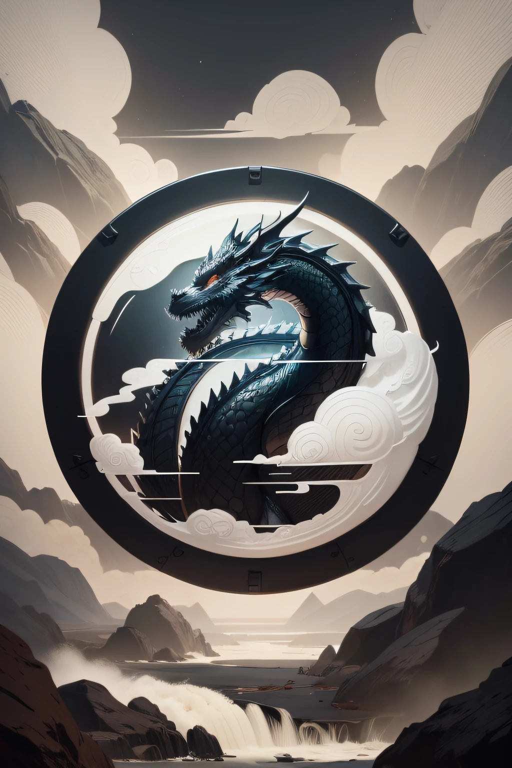 Chinese dragon head detail optimization,The water flows down,High purity black and white