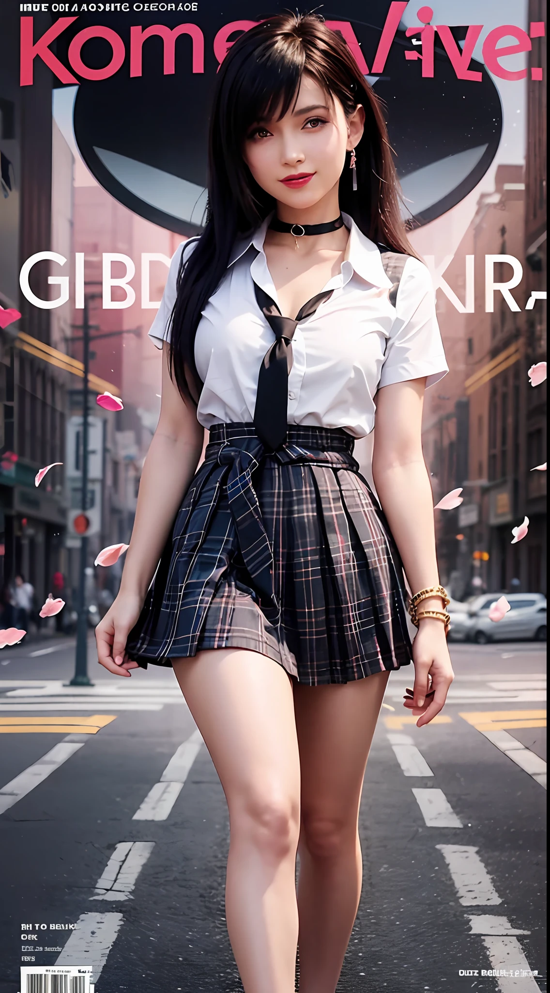 masterpiece, best quality, full body, 1girl, bangs, black choker, black necktie, blonde hair, blue skirt, blush, bracelet, breasts, choker, clothes around waist, collarbone, collared shirt, cowboy shot, dress shirt, ear piercing, eyebrows visible through hair, gradient hair, grin, gyaru, jewelry, kogal, long hair, looking at viewer, loose necktie, necktie, piercing, plaid, plaid skirt, pleated skirt, red eyes, ring, school uniform, shirt, skirt, smile, solo, white shirt, street, sky, cherry blossoms, petals,illustration, (magazine:1.3), (cover-style:1.3), fashionable, woman, vibrant, outfit, posing, front, colorful, dynamic, background, elements, confident, expression, holding, statement, accessory, majestic, coiled, around, touch, scene, text, cover, bold, attention-grabbing, title, stylish, font, catchy, headline, larger, striking, modern, trendy, focus, fashion,