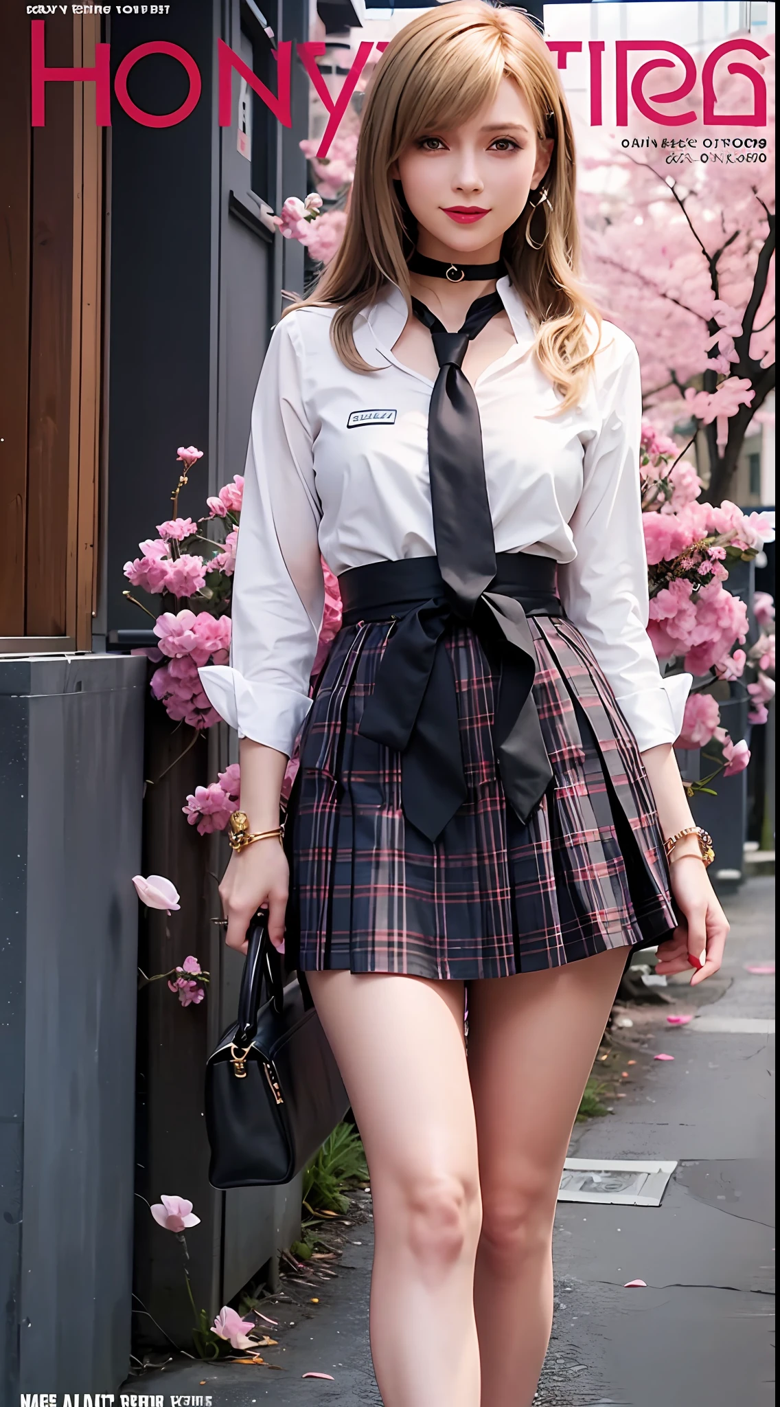 masterpiece, best quality, full body, 1girl, bangs, black choker, black necktie, blonde hair, blue skirt, blush, bracelet, breasts, choker, clothes around waist, collarbone, collared shirt, cowboy shot, dress shirt, ear piercing, eyebrows visible through hair, gradient hair, grin, gyaru, jewelry, kogal, long hair, looking at viewer, loose necktie, necktie, piercing, plaid, plaid skirt, pleated skirt, red eyes, ring, school uniform, shirt, skirt, smile, solo, white shirt, street, sky, cherry blossoms, petals,illustration, (magazine:1.3), (cover-style:1.3), fashionable, woman, vibrant, outfit, posing, front, colorful, dynamic, background, elements, confident, expression, holding, statement, accessory, majestic, coiled, around, touch, scene, text, cover, bold, attention-grabbing, title, stylish, font, catchy, headline, larger, striking, modern, trendy, focus, fashion,