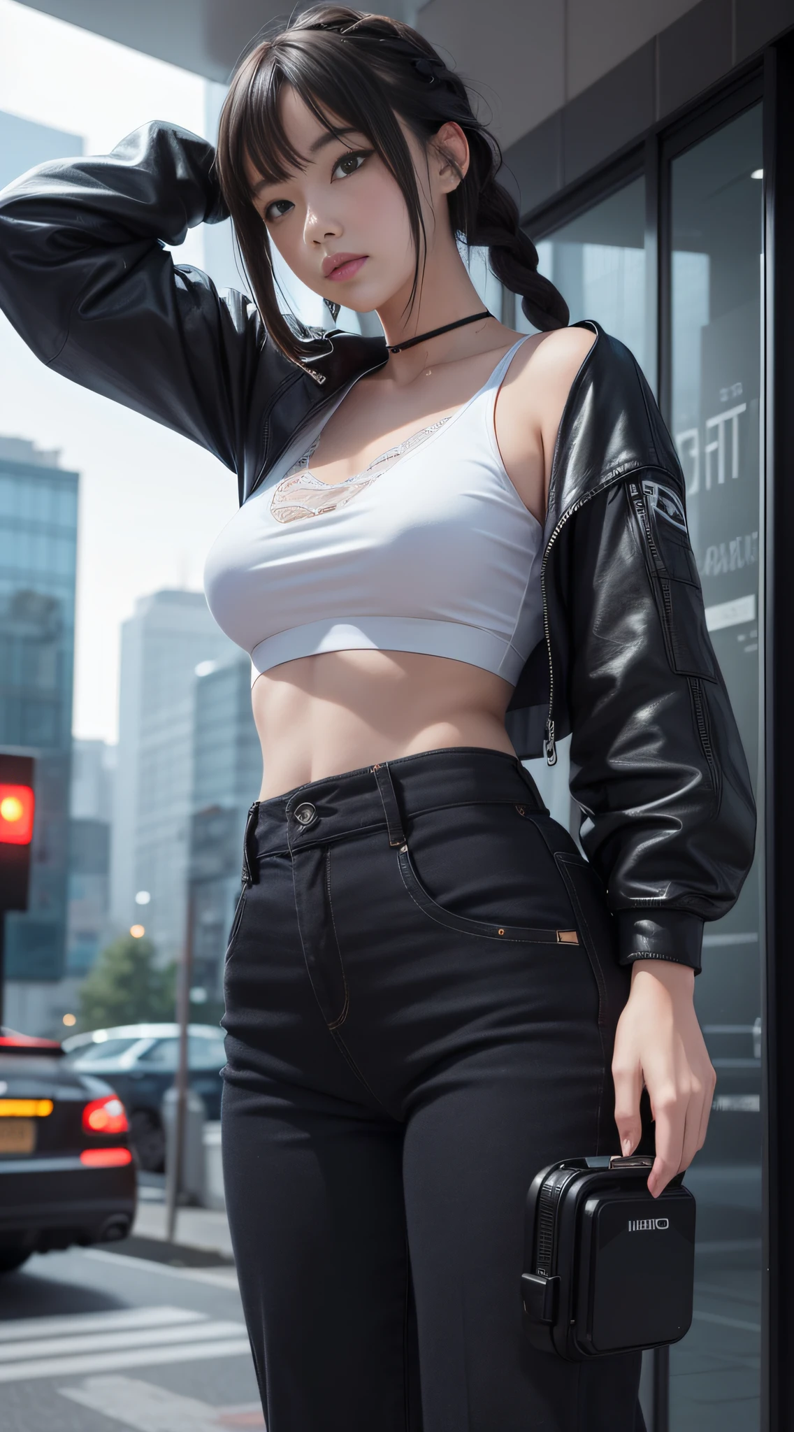 ((best qualtiy)), ((tmasterpiece)), (the detail:1.4), 3D girl, A beautiful cyberpunk female image,hdr(HighDynamicRange),Ray traching,NVIDIA RTX,Hyper-Resolution,Unreal 5,Subsurface scattering、PBR Texture、post-proces、Anisotropy Filtering、depth of fields、maximum definition and sharpness、Many-Layer Textures、Albedo e mapas Speculares、Surface coloring、Accurate simulation of light-material interactions、perfectly proportions、rendering by octane、Two-colored light、largeaperture、Low ISO、White balance、the rule of thirds、8K raw data、1girll,City park shooting,Tilt view,full bodyesbian;1.5,Twist braids,ol,shorter pants,