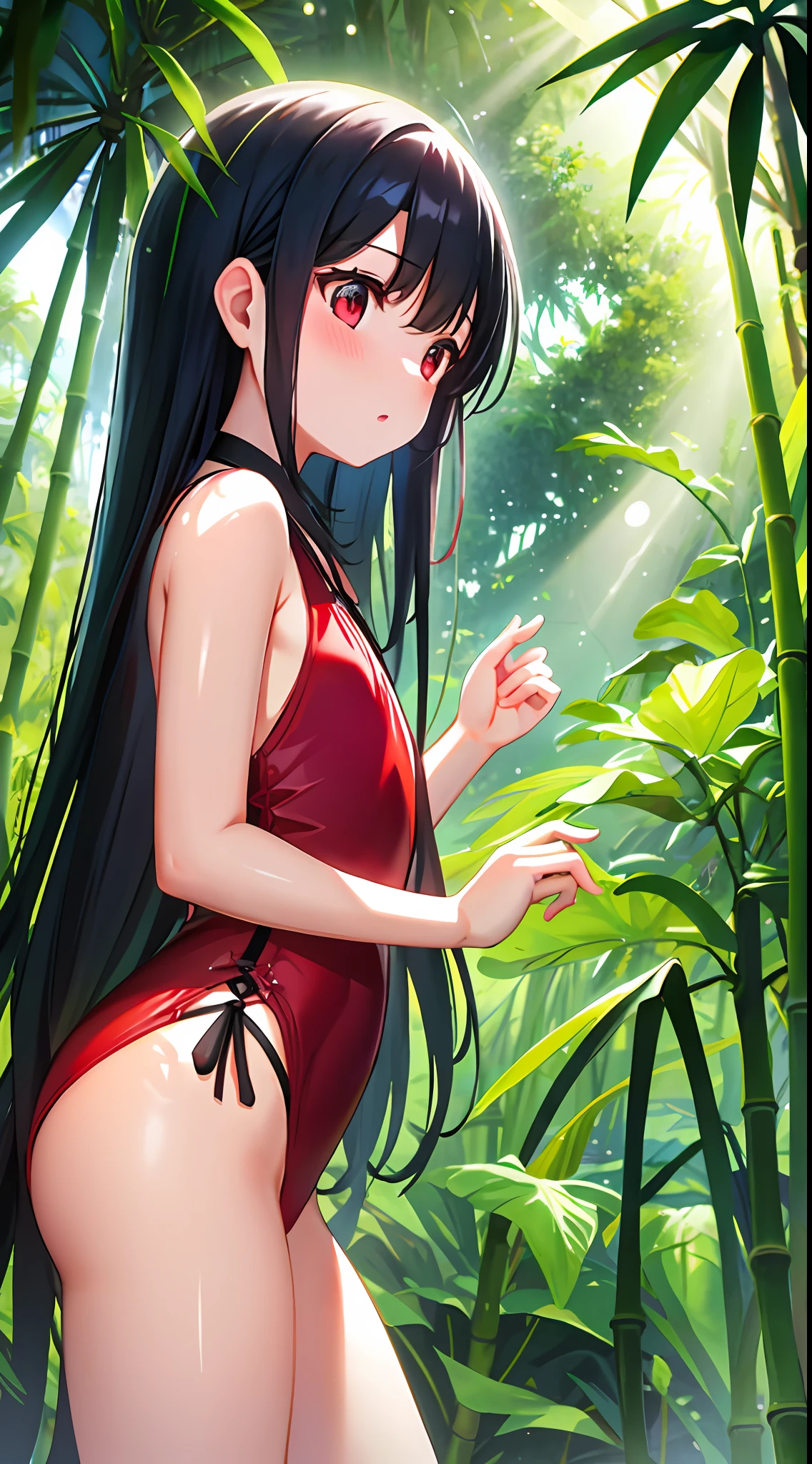 Pretty little sister,Long hair,red swimwear,Colored eyes,In the rainforest、Wet overall,The surrounding bamboo leaves are green、cicada、the trees、foliage、grassy、Fruit、rays of sunshine、favour