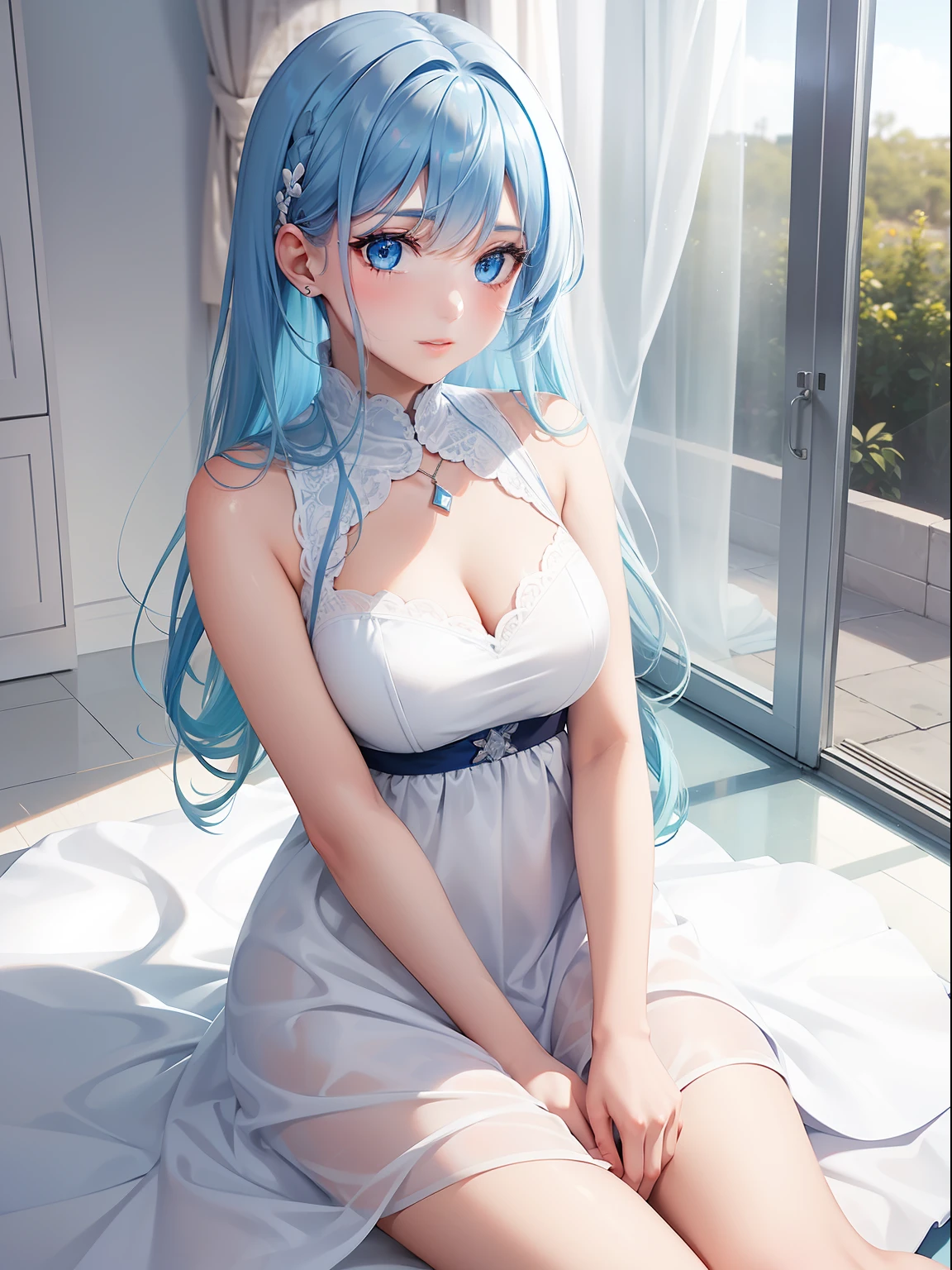 a women, blue hair, blue eyes, white dress