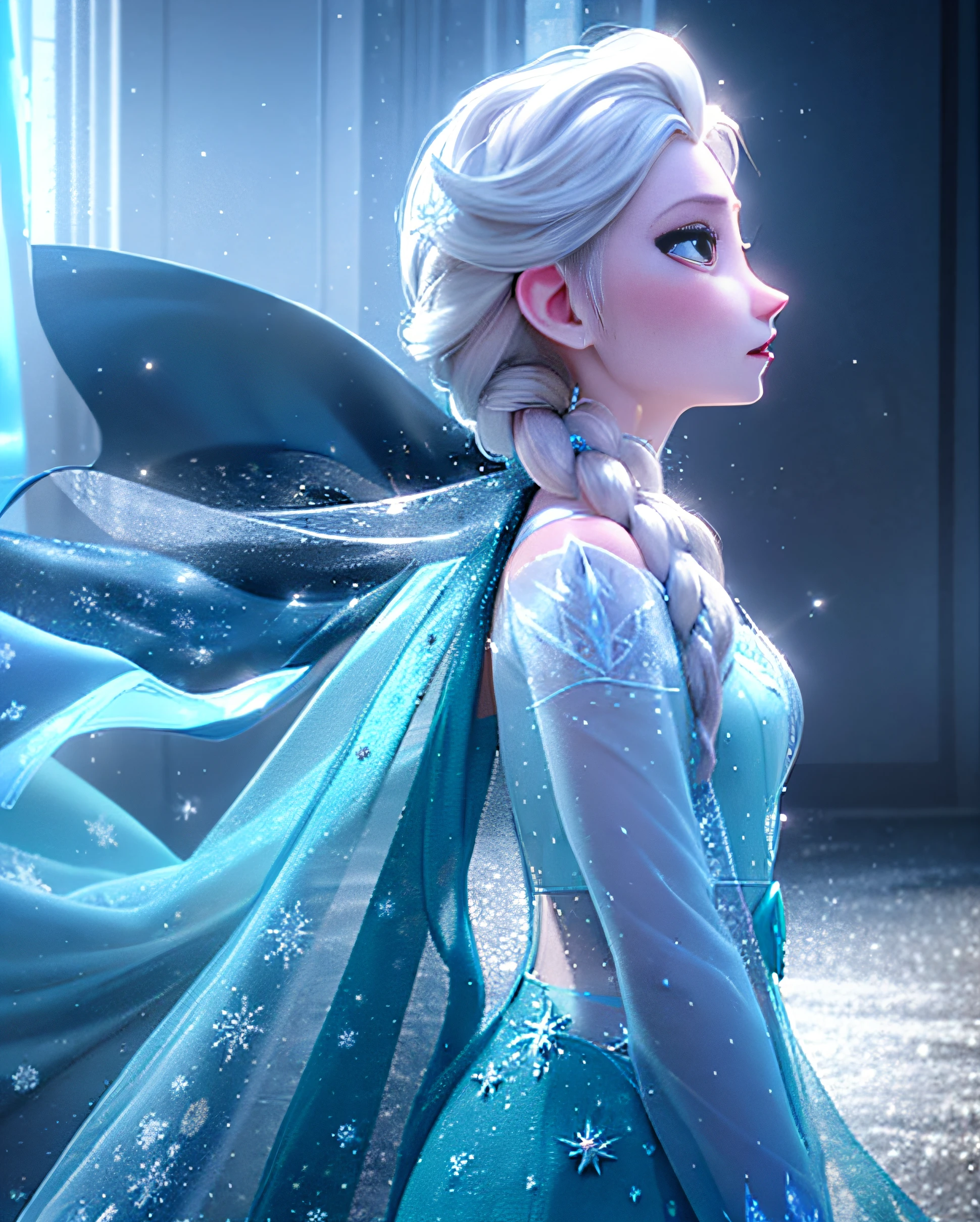 "Elsa, the queen of Arendelle, standing in a snowy landscape with her ice powers in full display. She has a regal presence, wearing a stunning ice-blue gown and a flowing cape. Captivate the magic and elegance of her character, emphasizing her powerful and mesmerizing ice sculptures. Illuminate the scene with a soft, ethereal glow, highlighting the intricate details of the ice formations. Create a sense of wonder and enchantment, with sparkling snowflakes gently falling around her. Let her hair shimmer with an icy blue hue, and capture the determination and strength in her eyes. Ensure the image is of the highest quality, with stunning clarity and depth. Craft a masterpiece that truly captures the essence of Elsa and the beauty of her icy kingdom."