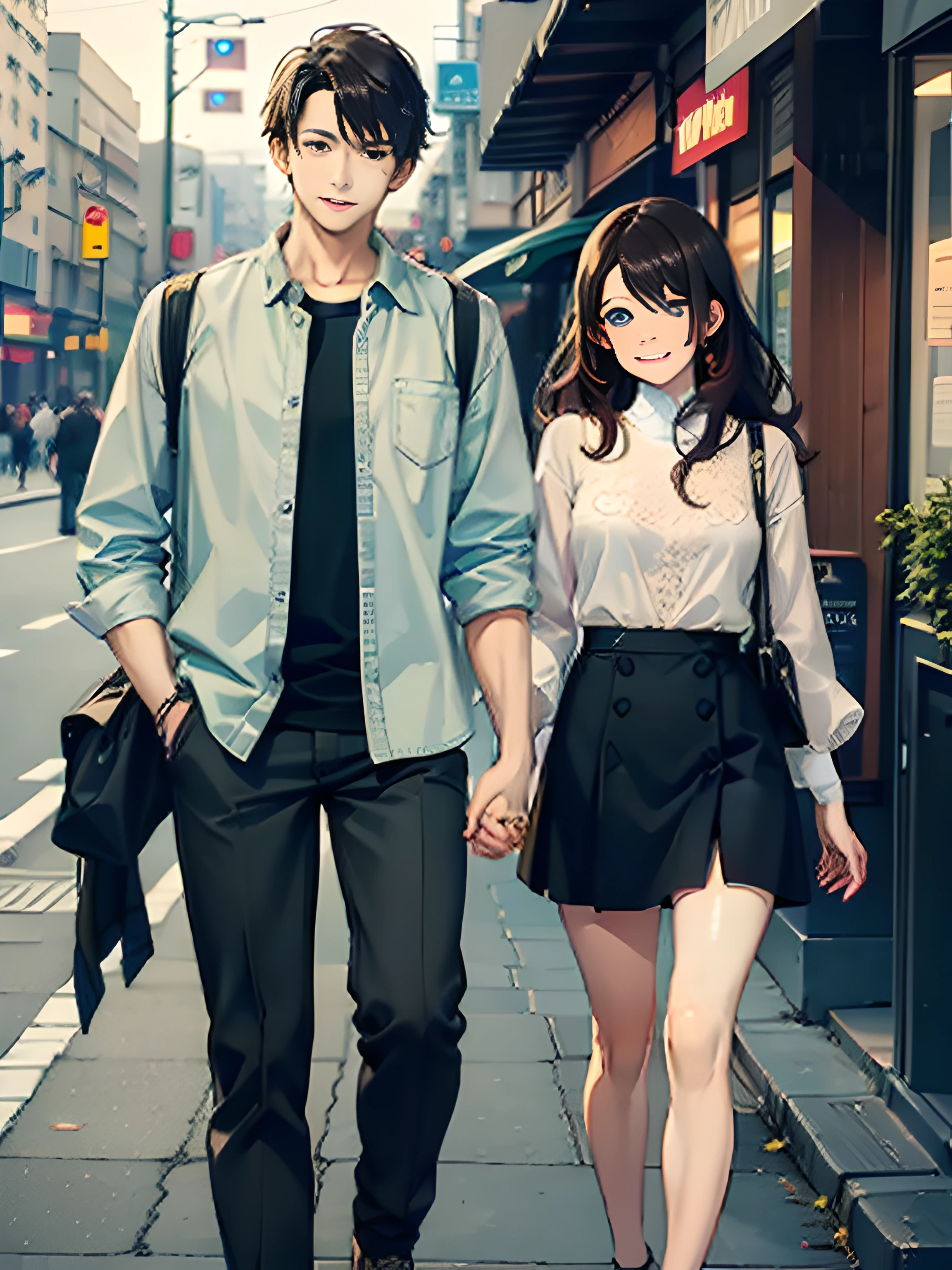 masterpiece, best quality, 2others, couple, 1man with 1woman, mature, adult, Height difference, different fashion, different color, finely detailed eyes and detailed face, intricate details, casual clothes, oversized shirt, modern urban street, holding hands, smile, happy, love