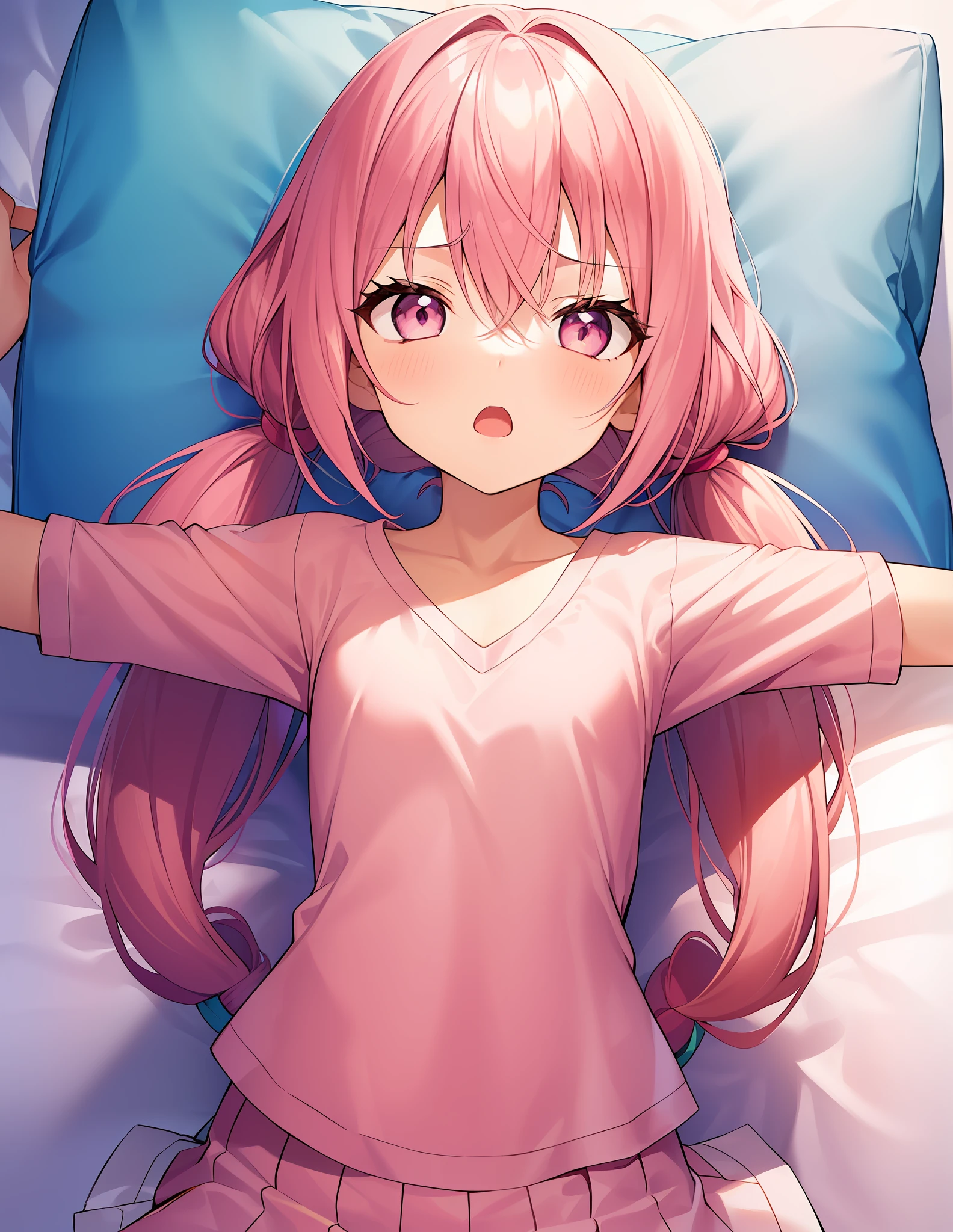 1girl in. Pink hair.Long hair.((Twin-tailed)).{Lori}.Short stature.tiny chest.white t-shirts.Skirt. (((masutepiece))).(((Best Quality))).)((Ultra-detailed))).(((Illustration))). (((Spread your arms))).(((a bed))).PILLOWS.Despair face.Opening Mouth.I open my eyes.