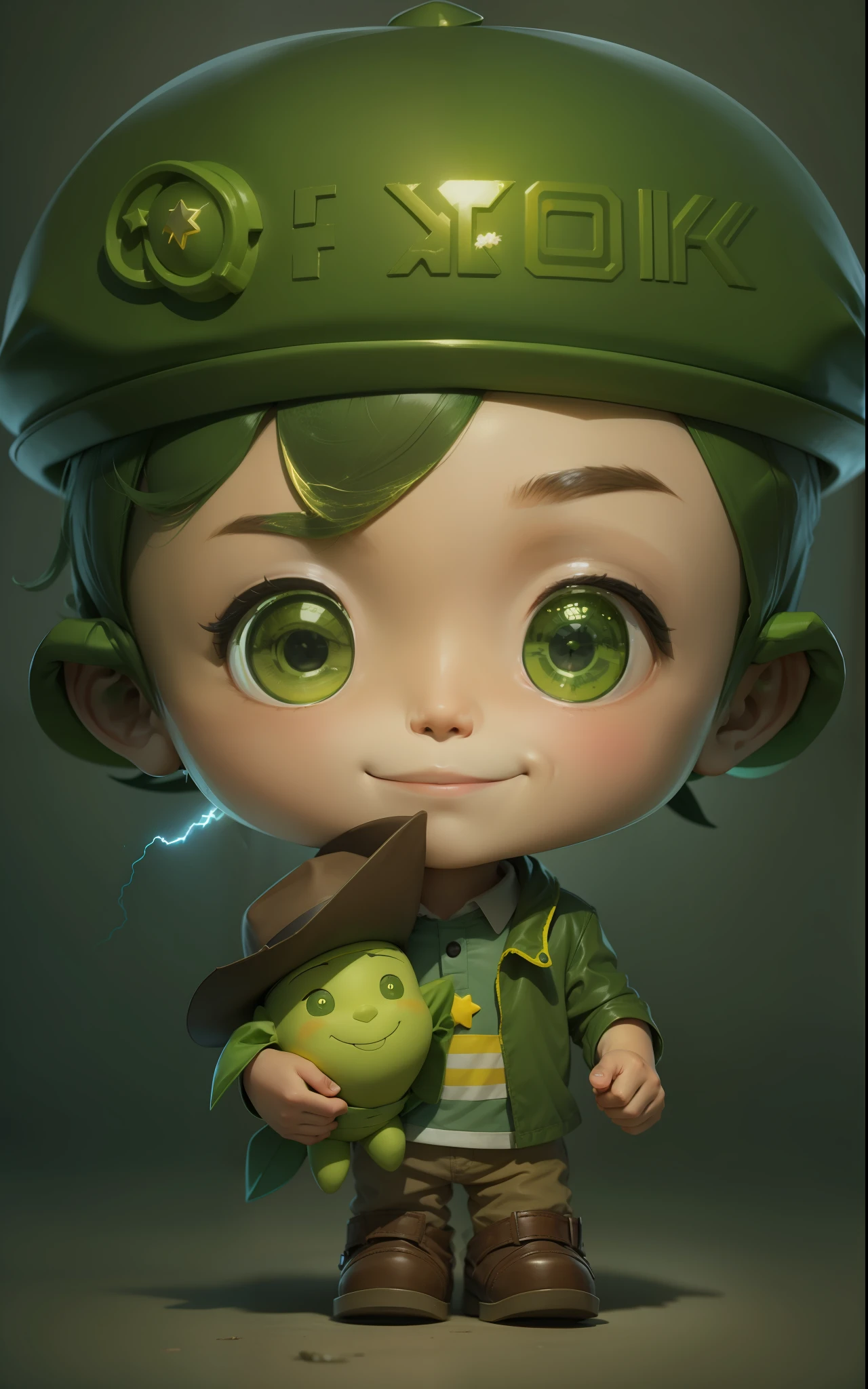 A boy in a green hat and eco-friendly style clothes holds a yellow lightning doll，With a bad smile