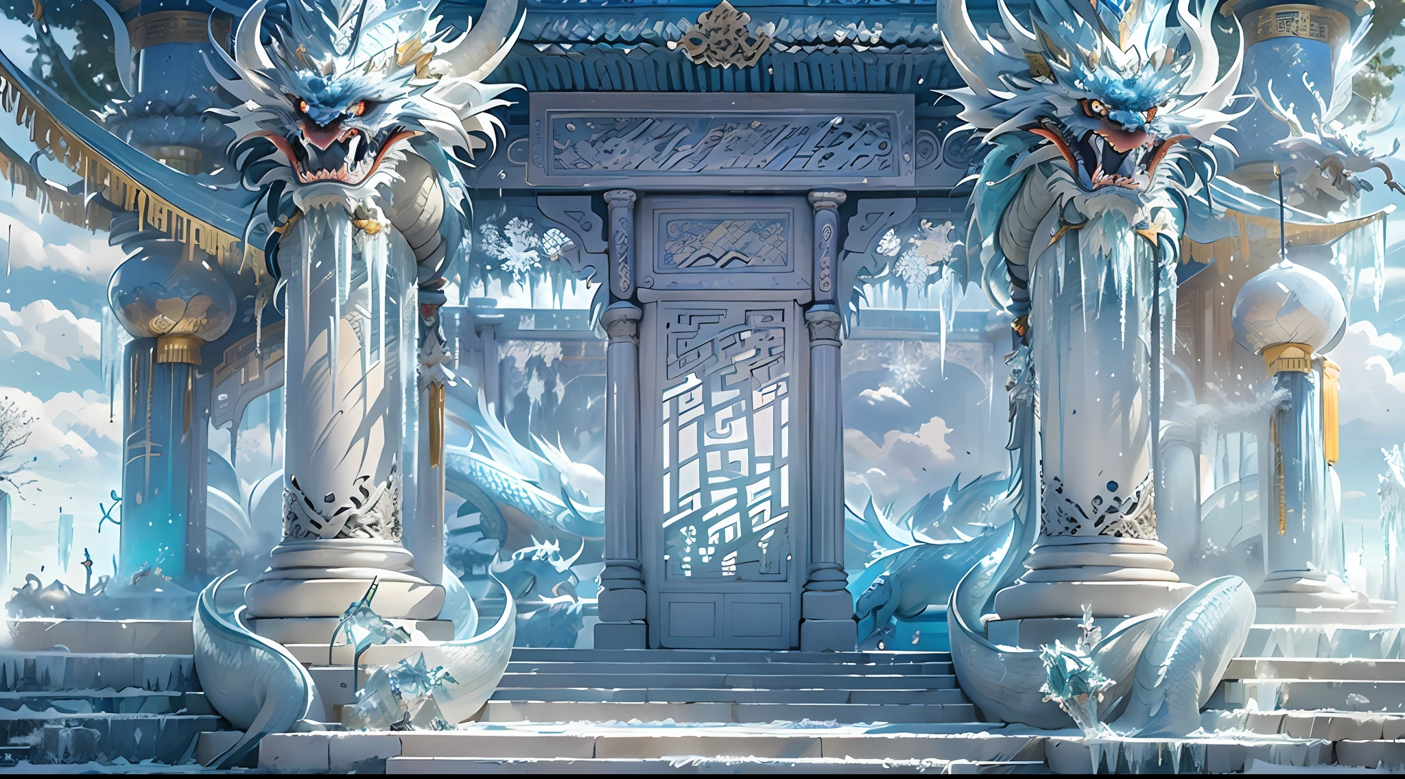 A magical world, (((transparent building)))，(Floating in the sky：1.5)，(White clouds on the ground:1.5)，(((Crystal tiles)))，(((crystal column)))，（（（Crystal wall）））(((The pillars are carved with Chinese dragons)))，Nice colorful light decoration, (icey)，(Frozen Palace:1.5)，best qualtiy，tmasterpiece, 8k 辛烷值渲染, Photorealistic, Cinematic lighting, detailed building, The art of detail carving，Chinese Ancient Architecture，