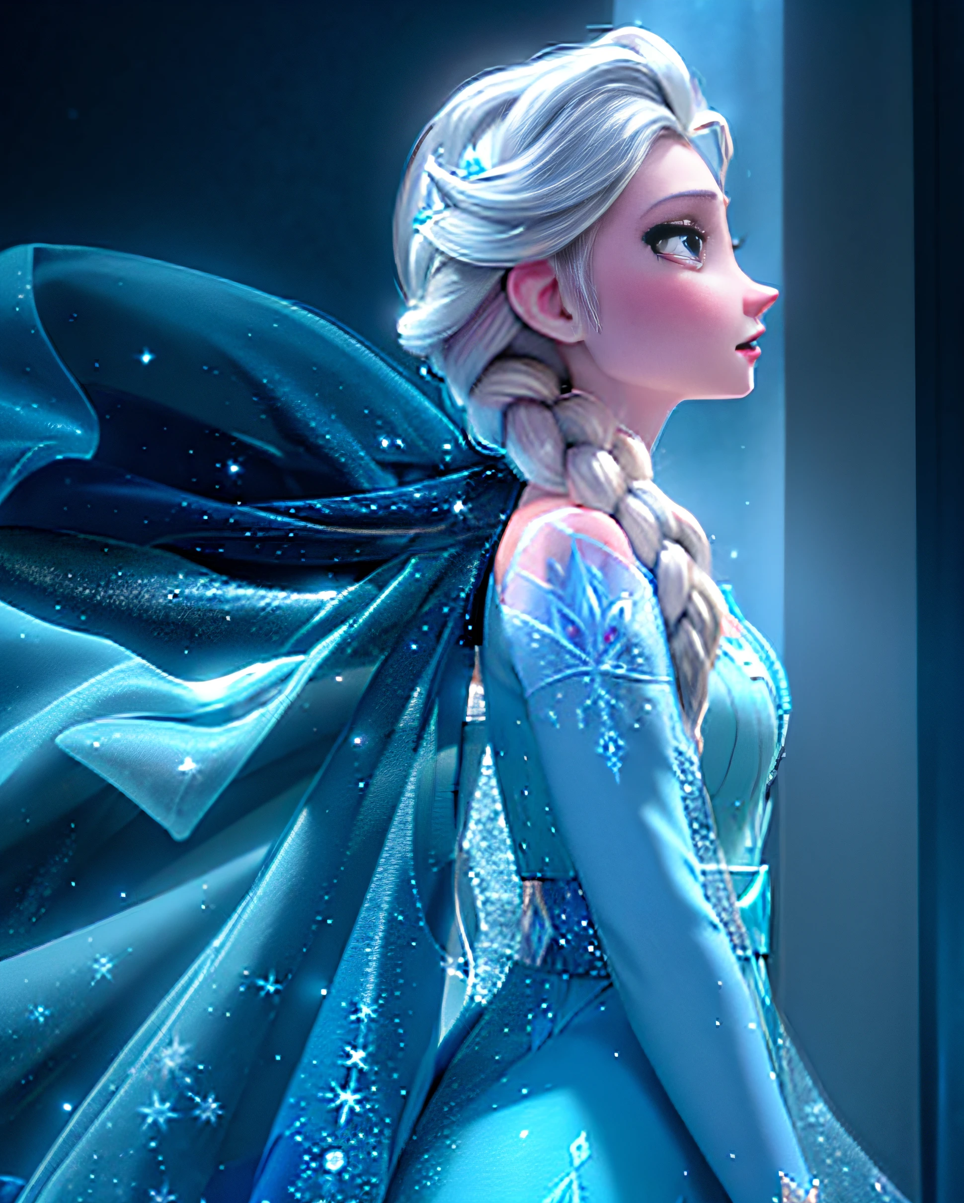 disney's frozen princess elsa is wearing a blue dress and a blue cape, beautiful elsa, elsa frozen, elsa from frozen, portrait of elsa of arendelle, portrait of elsa from frozen, elsa, frozen ii movie still, frozen ii klaus film, frozen like a statue, in style of disney animation, 8k)), cold as ice! 🧊