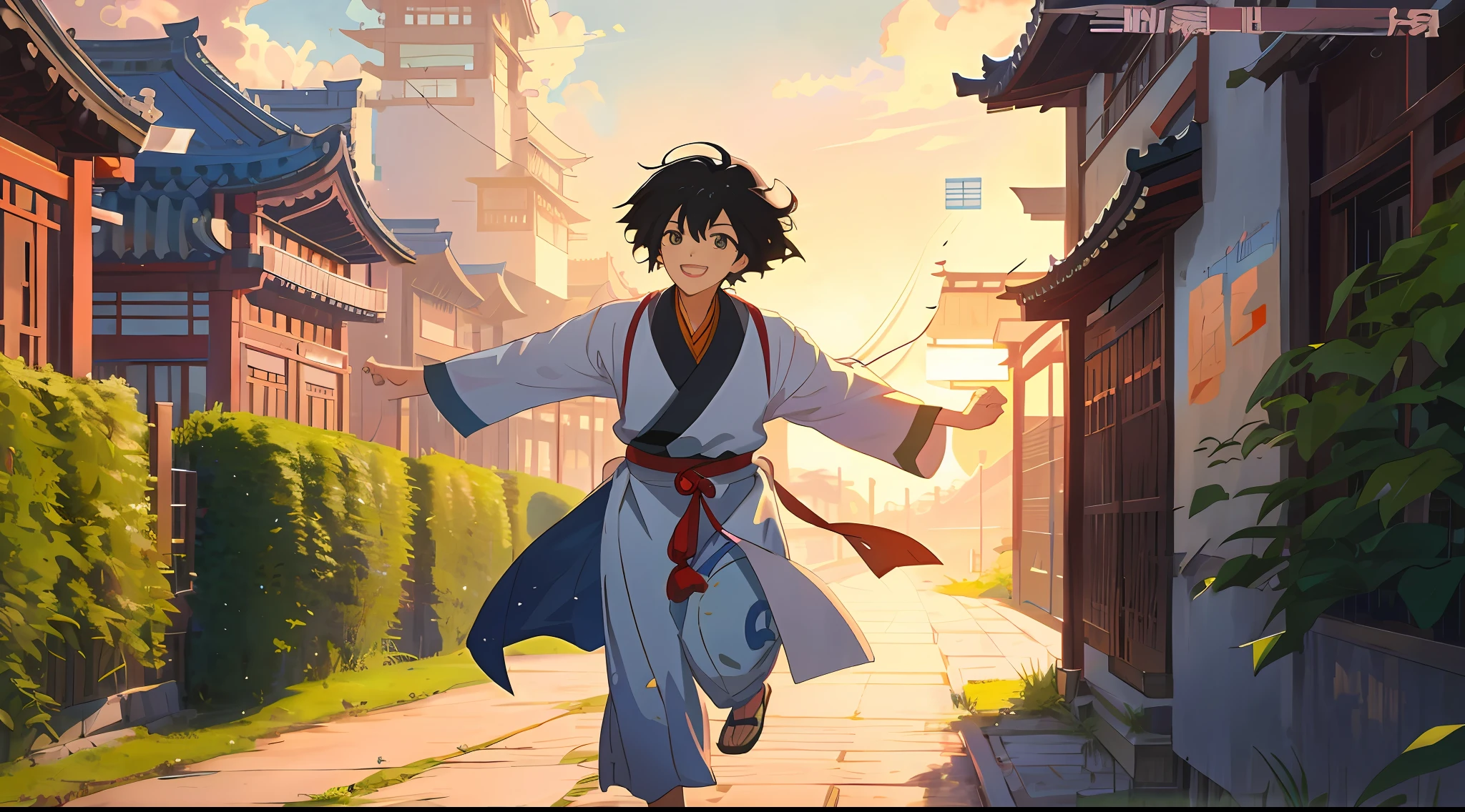 In the Kyoto animation style,Draw an anime scene in 4K resolution。It shows a boy in Hanfu running through the street,Hefty Smile,It seems to be a Cyril Rolando character of Makoto Shinkai Animation。The work should have an artistic sense in the Guvez style,Reference to the work of Artgerm and Atey Ghailan,Drawn by Yang J。