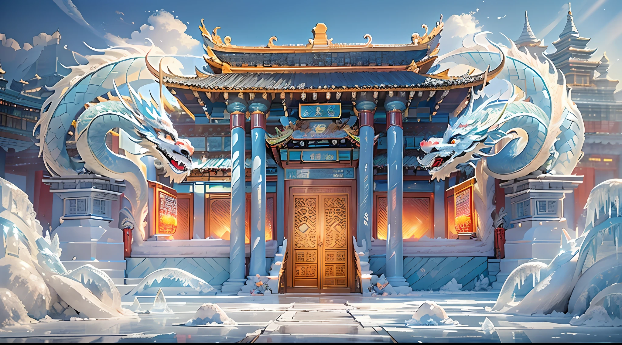 A magical world, (((transparent building)))，(Floating in the sky：1.5)，(White clouds on the ground:1.5)，(((Crystal tiles)))，(((crystal column)))，（（（Crystal wall）））(((The pillars are carved with Chinese dragons)))，Nice colorful light decoration, (icey)，(Frozen Palace:1.5)，best qualtiy，tmasterpiece, 8k 辛烷值渲染, Photorealistic, Cinematic lighting, detailed building, The art of detail carving，Chinese Ancient Architecture，