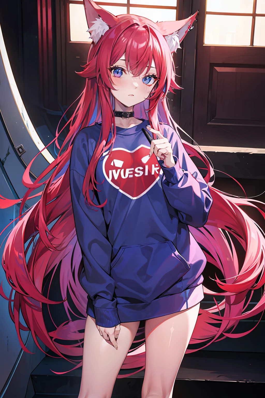 Kizi，Rosy red purple hair，blueneyes，fox ear，modern attire，full bodyesbian，Blue sweatshirt，long whitr hair，Qi bangs，Set the chart，Handsome