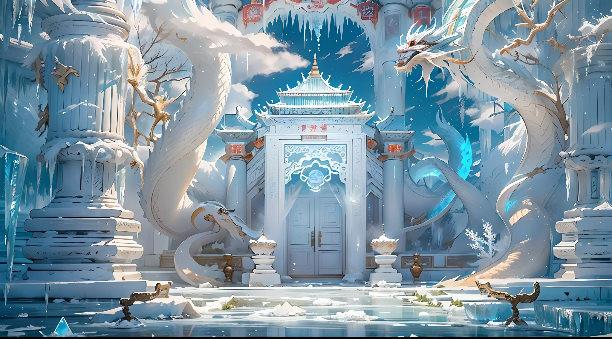 A magical world, (((transparent building))),(Floating in the sky:1.5),(White clouds on the ground:1.5),(((Crystal tiles))),(((crystal column))),(((Crystal wall)))(((The pillars are carved with Chinese dragons))),Nice colorful light decoration, (icey),(Frozen Palace:1.5),best qualtiy,tmasterpiece, 8k 辛烷值渲染, Photorealistic, Cinematic lighting, detailed building, The art of detail carving,Chinese Ancient Architecture,