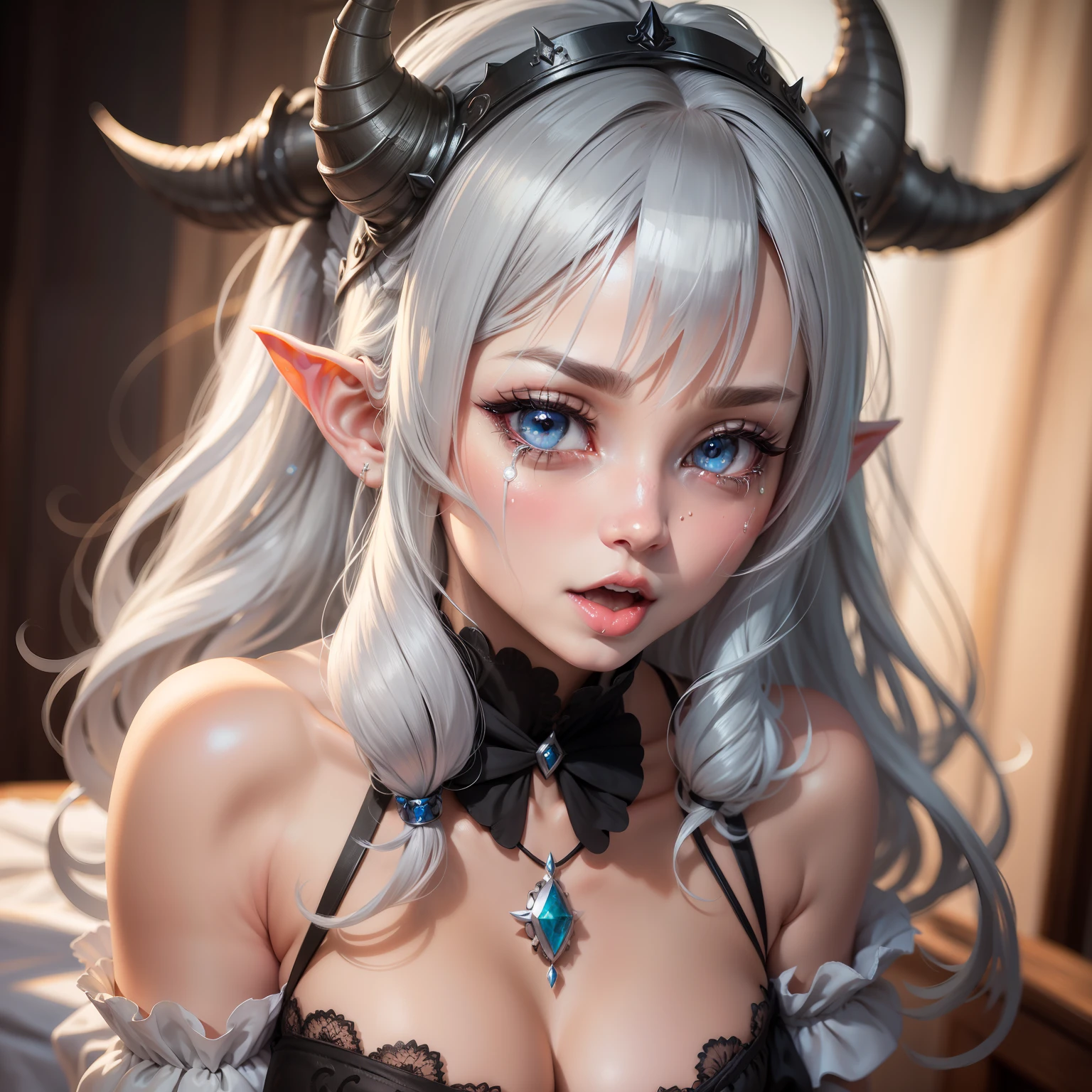 silver hair, maid headdress, dragon horns, heart-shaped pupils, eyeball, streaming tears, long pointy ears, oral invitation, tired, excited, nose blush, full-face blush, long tongue, saliva trail, happy, glint, torogao, moaning, drooling, heavy breathing, ear blush, expressions, cinematic lighting, anime style, first-person view, Eye-Level Shot, retina, masterpiece, ccurate, textured skin, high details, best quality, high quality, highres, super detail, award winning, 16k
