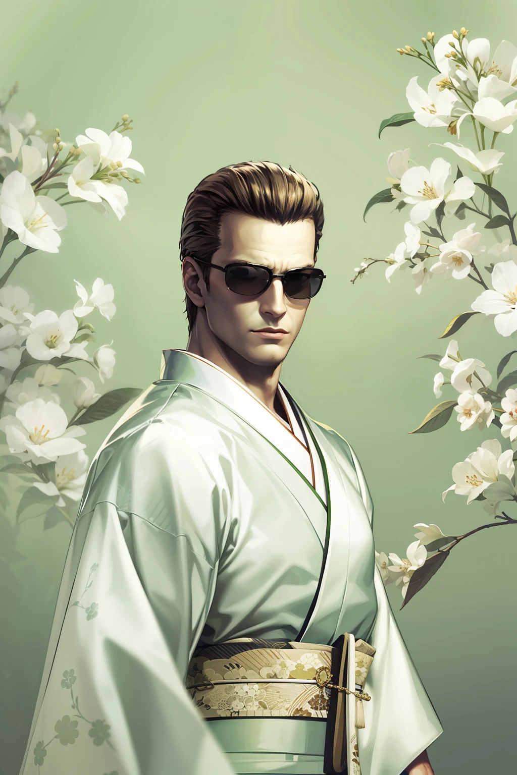 Wesker, wearing a white Japanese kimono, japanese style, realistic, simple background, high quality, masterpiece