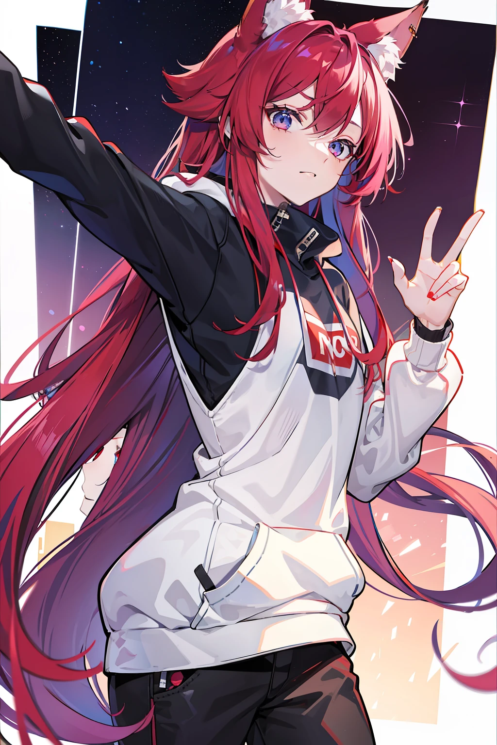 Kizi，Rosy red purple hair，blueneyes，fox ear，modern attire，full bodyesbian，Sweatshirt，long whitr hair，Qi bangs，Set the chart，Handsome