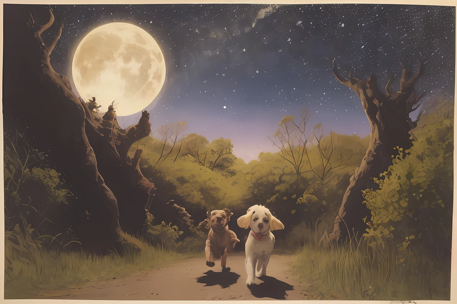 Cachorrinho fofo bonito correndo pela floresta, dinamic pose, noite, lua, estrelas
vista olho de peixe
pintura em tinta e aquarela, detalhada, fantasia, cor silenciada, 
obra-prima, arte de Arthur Rackham e Maurice Sendak