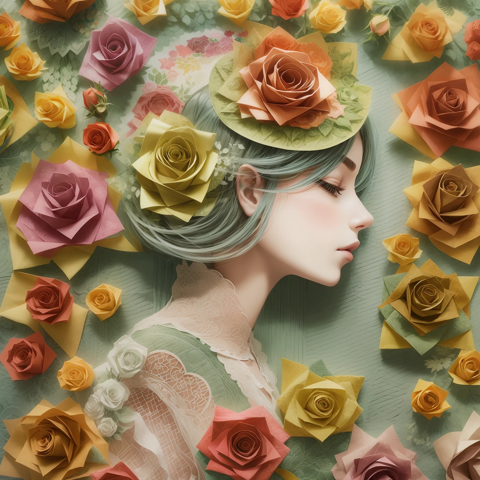 Beautiful girl cut,Colorful roses,Quilted paper art,The art of paper,Geometric line style