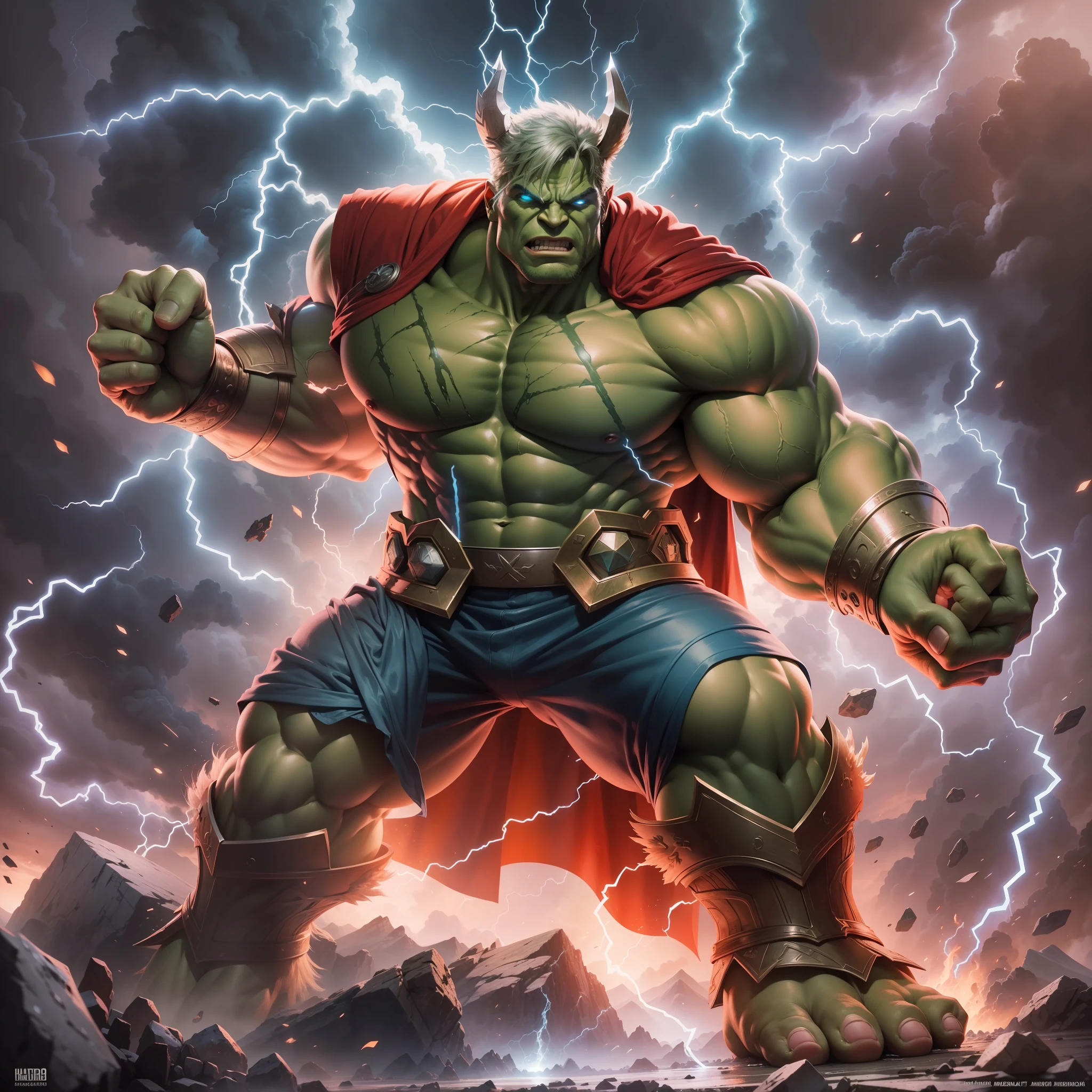 ((impresionante obra maestra)), (Ultra resolution 8K), The best illustration,((obra maestra sin antecedentes)),  Epic illustration of Hulk dressed as Thor thunder days, Hulk con armadura de Thor, martillo Mjolnir. de Thor, capa roja, Very well detailed comic book masterpiece, Lightning thunder and lightning, Hetera illustration, Epic lighting, agregar efecto al final de la obra