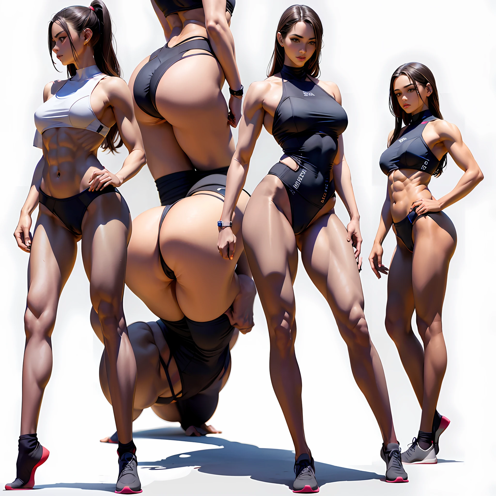 body builder, musuclar, Sexy tight tracksuit, big assa, 1 mature woman, flat belly, shapely body,perfect proportion of body,tmasterpiece, Best quality at best, shoe, full bodyesbian, Take photos in a fitness pose, beautifully color-coded, sockes, Tight hip tight shorts,white backgrounid, Studio, looks away