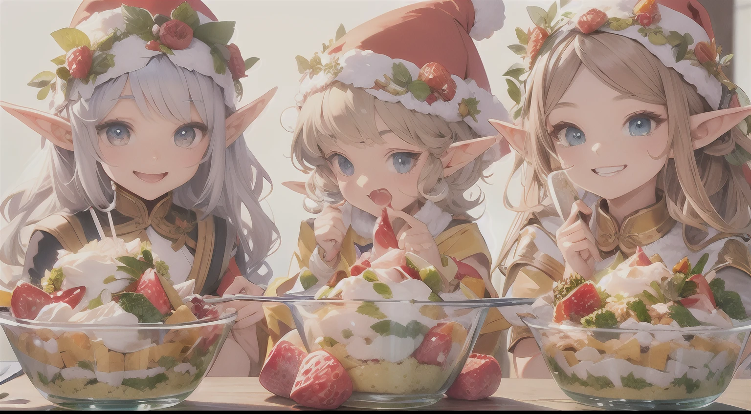 Realistic hand drawn style with cute elf characters、Everyone is eating a big parfait for the party