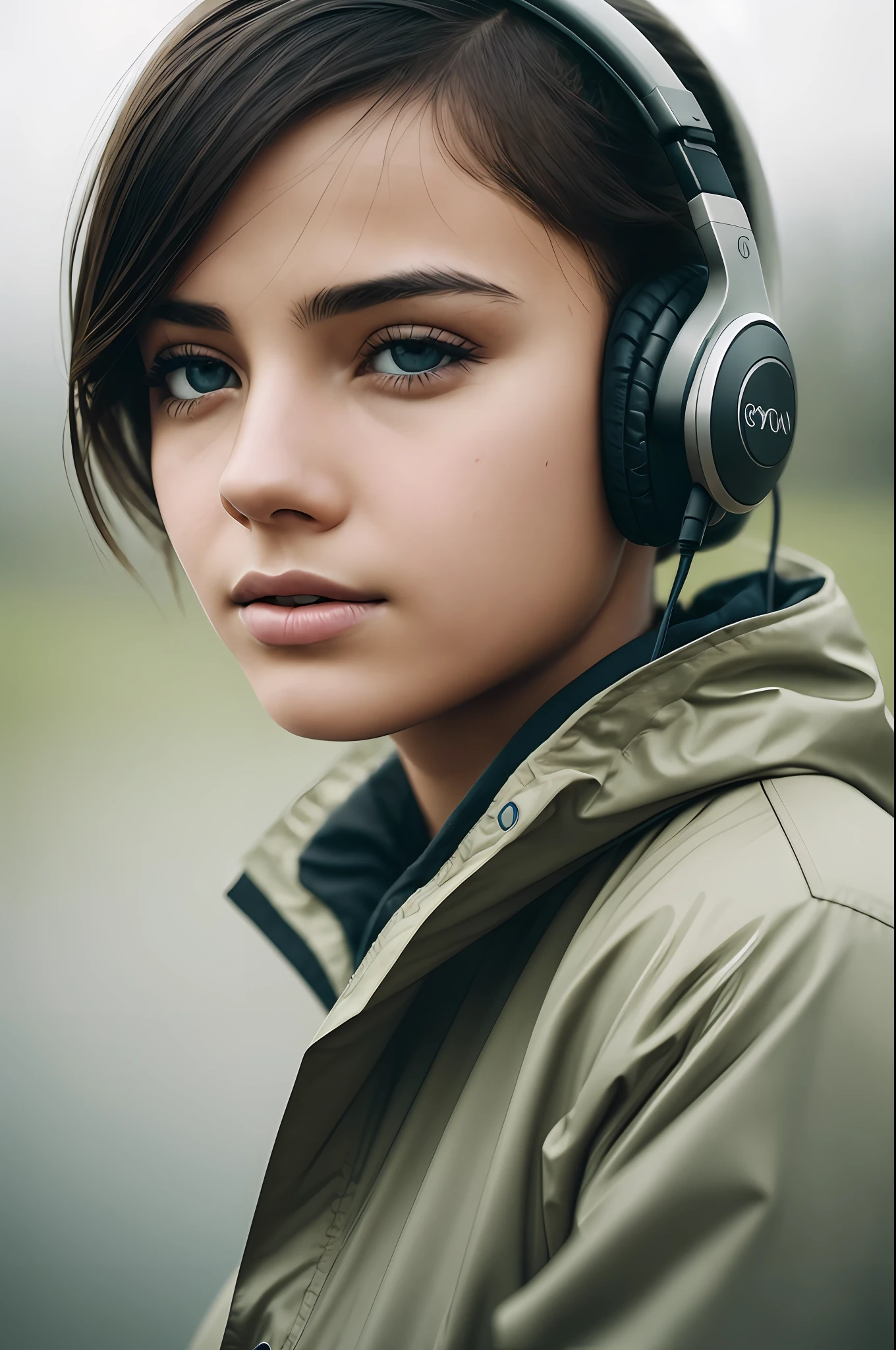 Cinematic portrait photography, 1girl,Short hair, Serene, Calm, (Realistic eye detail, natural skin textures, realistic face details), soft dramatic lighting, Depth of field, bokeh, Vivid detail, finely detail, surreal, 35mm film, Foggy blur, film, earphones, Storm Suit