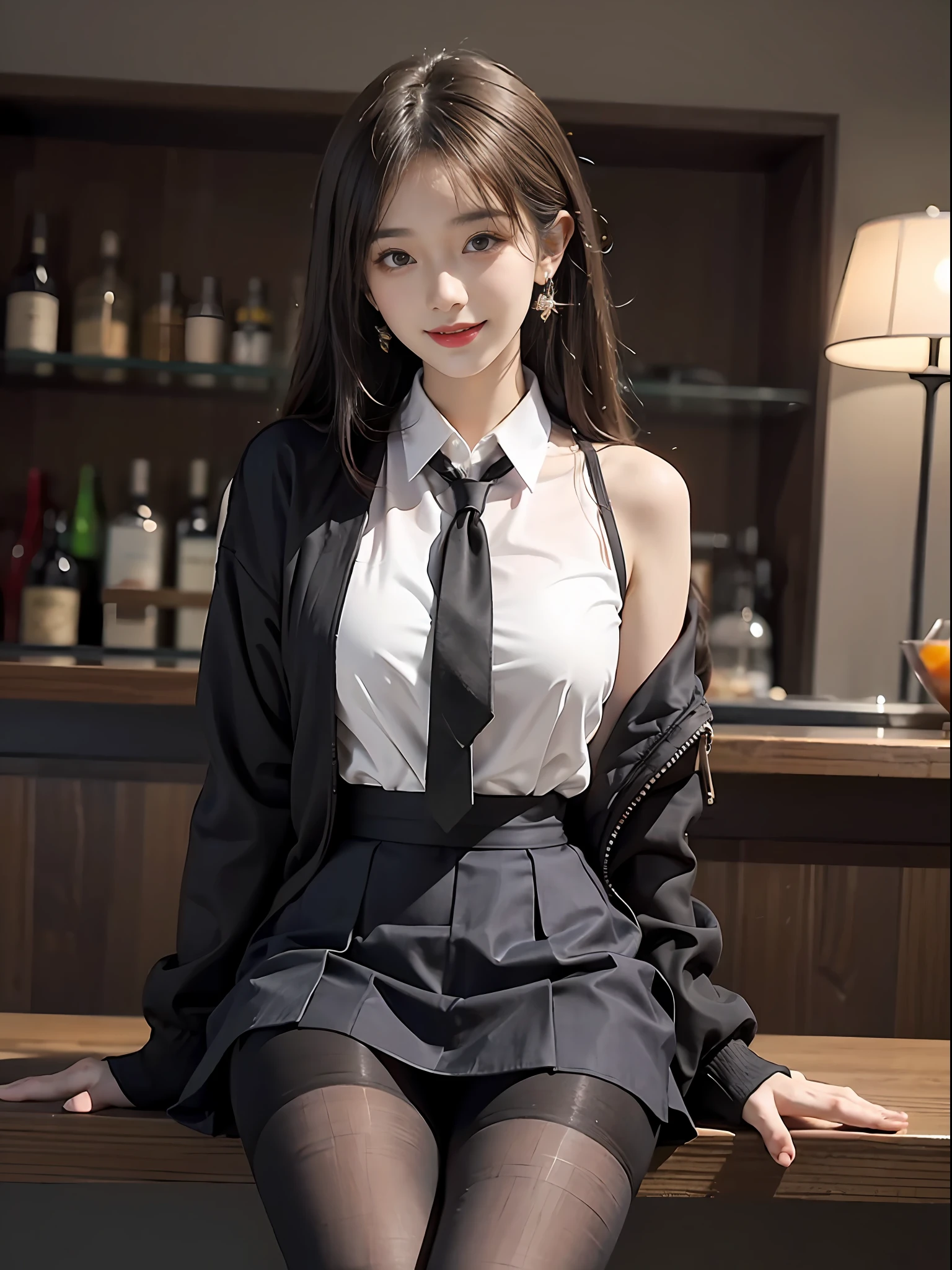 Exquisite, masterpiece, beautiful details, colorful, delicate details, delicate lips, intricate details, large breasts, 1 female, (a beautiful 20-year-old cute Korean woman: 1.1), (kpop idol, Korean mixed), (50mm Sigma f/1.4 ZEISS lens, F1.4, 1/800s, ISO 100, photograpy:1.1), (brunetize: 1.2), (photorealistic:1.4 ), (SPY:1.2), (Open Jacket,Shirt, Skirt,Tie,Black Pantyhose,Christian Louboutin\(Brand\),:1.3), Earrings, Necklace, Armbands, (Tavern, Bar:1.2), (Beautiful Legs, High Girl, Skinny, slim_legs, thigh_gap, Model:1.2), Lens flare, viewed from the front, (Happy smile: 1.1), dynamic pose, (makeup: 1.2), sitting on a bar stool,