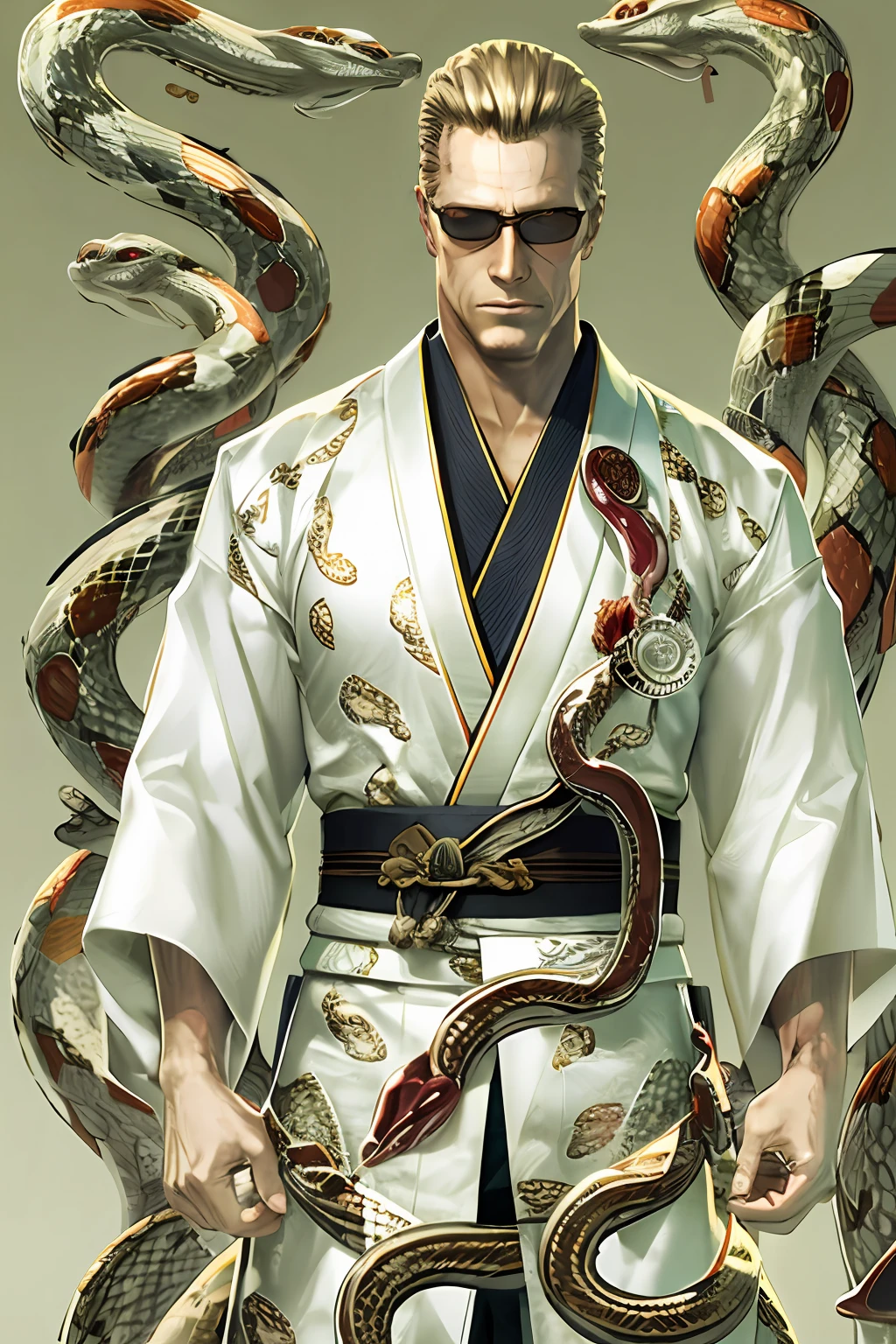 Wesker, wearing a white kimono with snakes on it, japanese style, realistic, simple background, high quality, masterpiece, high resolution, good anatomy,