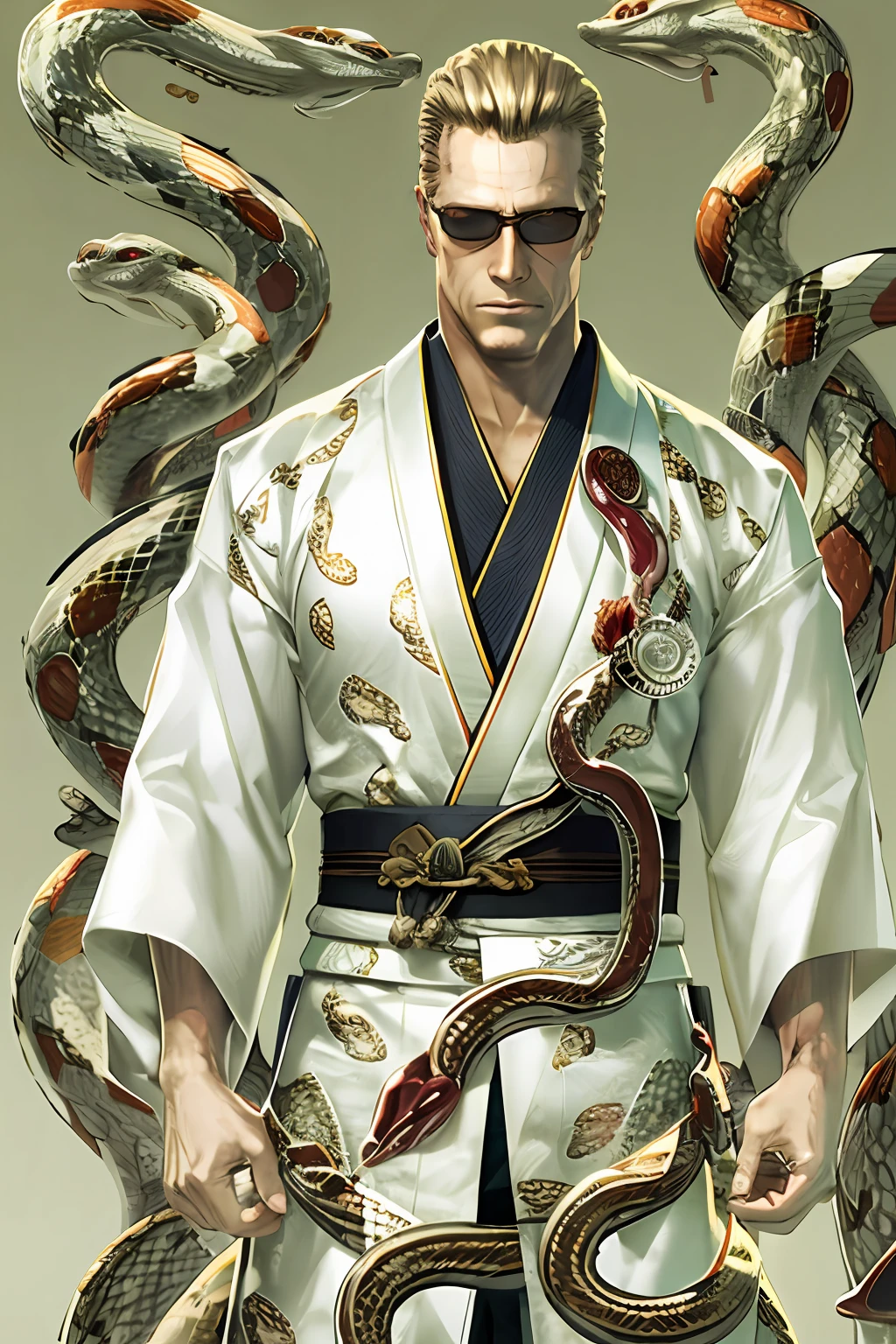 Wesker, wearing a white kimono with snakes on it, japanese style, realistic, simple background, high quality, masterpiece, high resolution, good anatomy,