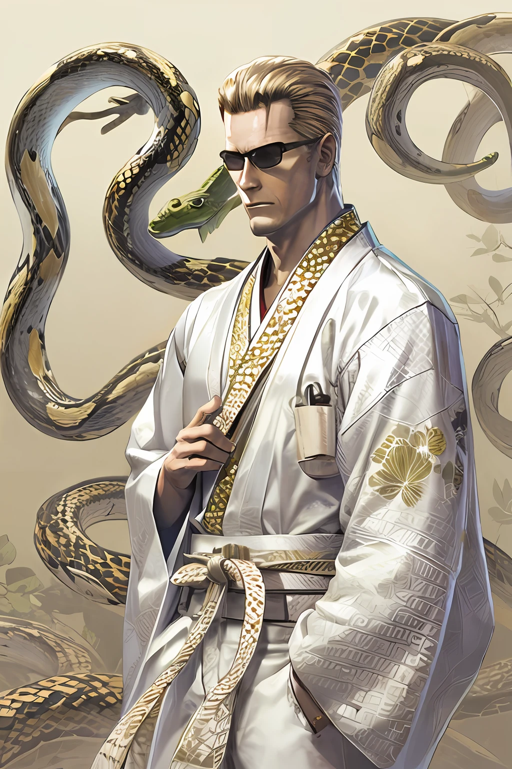 Wesker, wearing a white kimono with snakes on it, japanese style, realistic, simple background, high quality, masterpiece, high resolution, good anatomy,