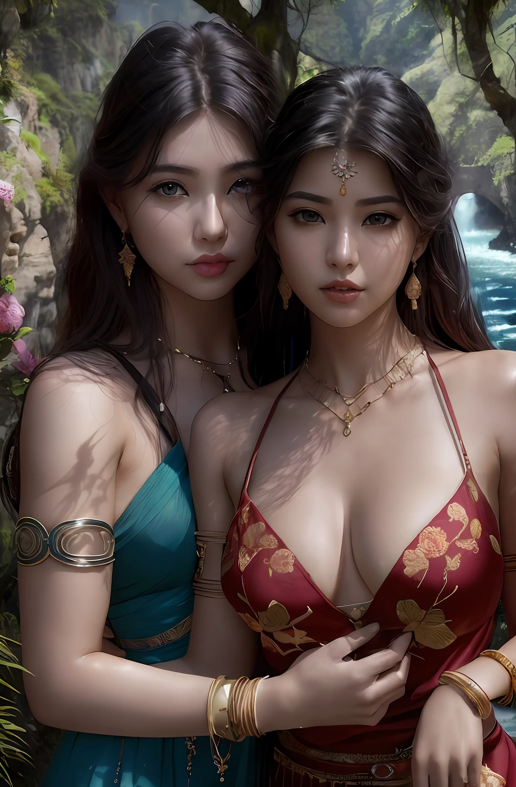 2girls,duo,8K Raw photograph,超高分辨率, filmgrain, filmg,view the viewer, Natural skin texture,Realistic eye and face details,((Realistic:1.5)),Ulzzang-6500:1.4,((Best quality)), ((Masterpiece)),((Detailed)),{2 beautiful women}, (Upper body:1.3),Hug and touch each other, Tease your friend's waist, Breathless friends, Biting a friend's earlobe, crouched,super wide shot,Face focus, Long legs,Curvy, Barefoot,Wide hips, Thin legs, Oversized eyes,Long eyelashes, (Detailed face,beautidful eyes, detailedpupils,detailed clothes features, Clear background:1.3), (armlets, bangle:1.3), Mysterious ancient ruins, floresta exuberante, Deep canyon,bridge,River,cliff,Cloud,lakes,Rock music,Waterfalls, Flowers, Grass,grape trees,tree,bright detail,Sharp,Perfect compounding, Intricate, Sharp focus, Dramatic,