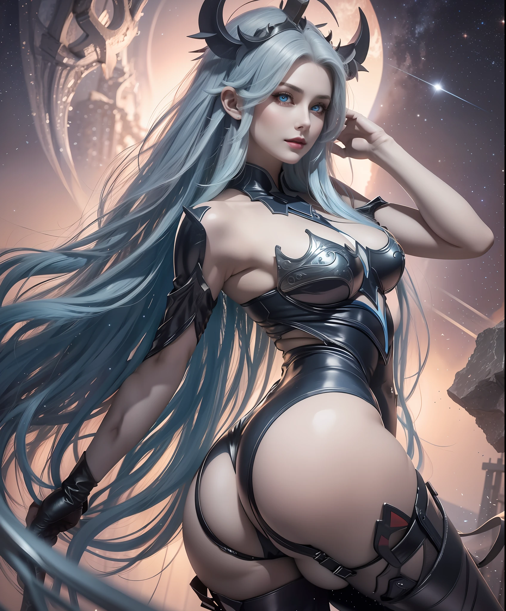 Realistic professional photos with super detail,full-shot,full bodyesbian,Straight lens,one-girl,Blue hair,eBlue eyes,long whitr hair,big round breasts,afloat,posing on a,Stand sideways,Rounded ass,Straight ass,power pose,The halo,The best succubus,Arrogant eyes,Looking into the distance,Stand under the stars,The attention to detail,The background is a comet and a nebula,light stre,cinmatic lighting,Side lighting,Dark and detailed galactic background,8K, 4K, (k hd: 1.1), best qualtiy (tmasterpiece: 1.3)