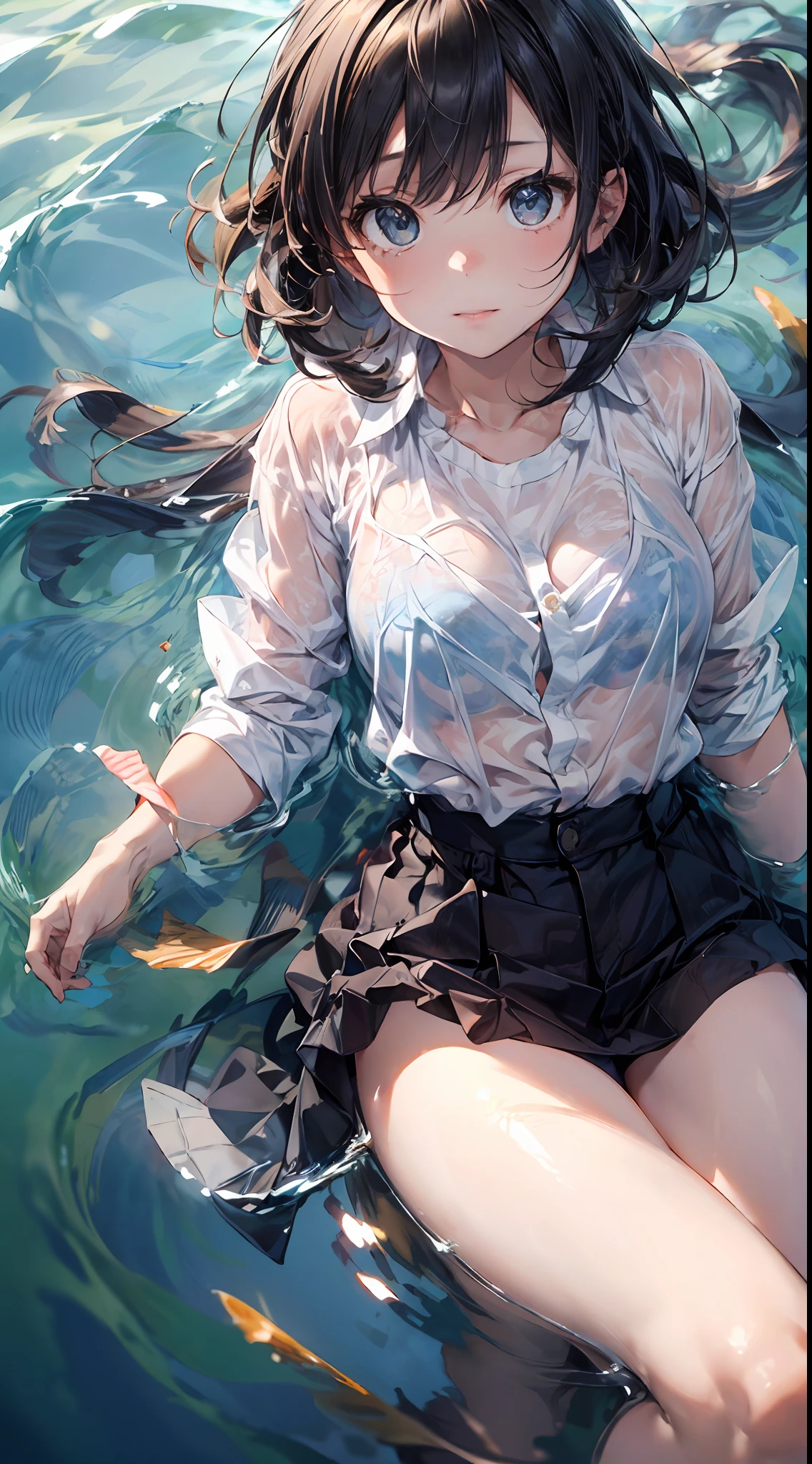 Master masterpiece,Super Quality,Hyper-Resolution,crisp detail:1.3),(Solo,1girl in),Dramatic lighting, (depth of field:1.5),(Bottom View:1.2), (Deep Blue Tones:1.1), (Floating in the sea:1.7), Sea,body complet、Medium bob、details face、Detail black eye、Beautiful big eyes、(tareme:1.4)、small-medium sized breasts、Light Smile、shinny skin、bare leg、nice hand、perfect hand、(laying on back:1.5)、Floating hair、(Wearing a white oversized shirt:1.5)、See-through、、From above、a wide shot、