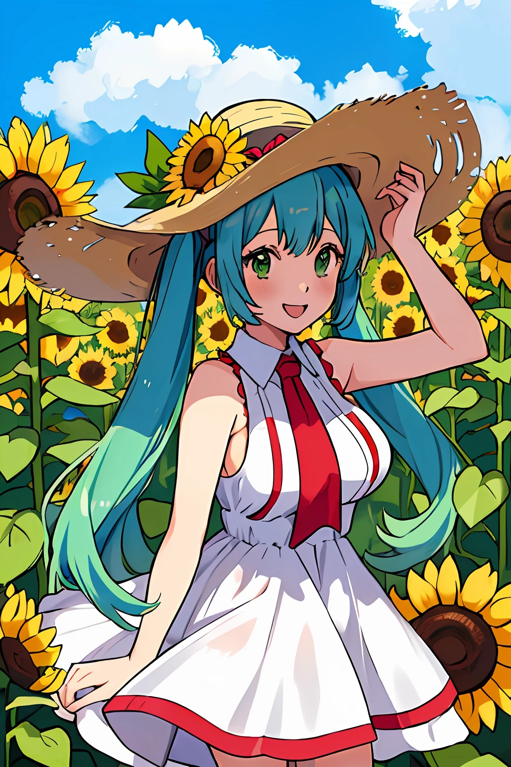 (Best Quality, masutepiece:1.3), (perfect  detail:1.1), 1girl in, Solo, iompoke, sugimori ken \(Style\), Sleeveless, Sun hat, Sunflower field, Smile, Happy, Cowboy Shot, Short dress, Twin-tailed、miku hatsune、Green eyes、huge-breasted