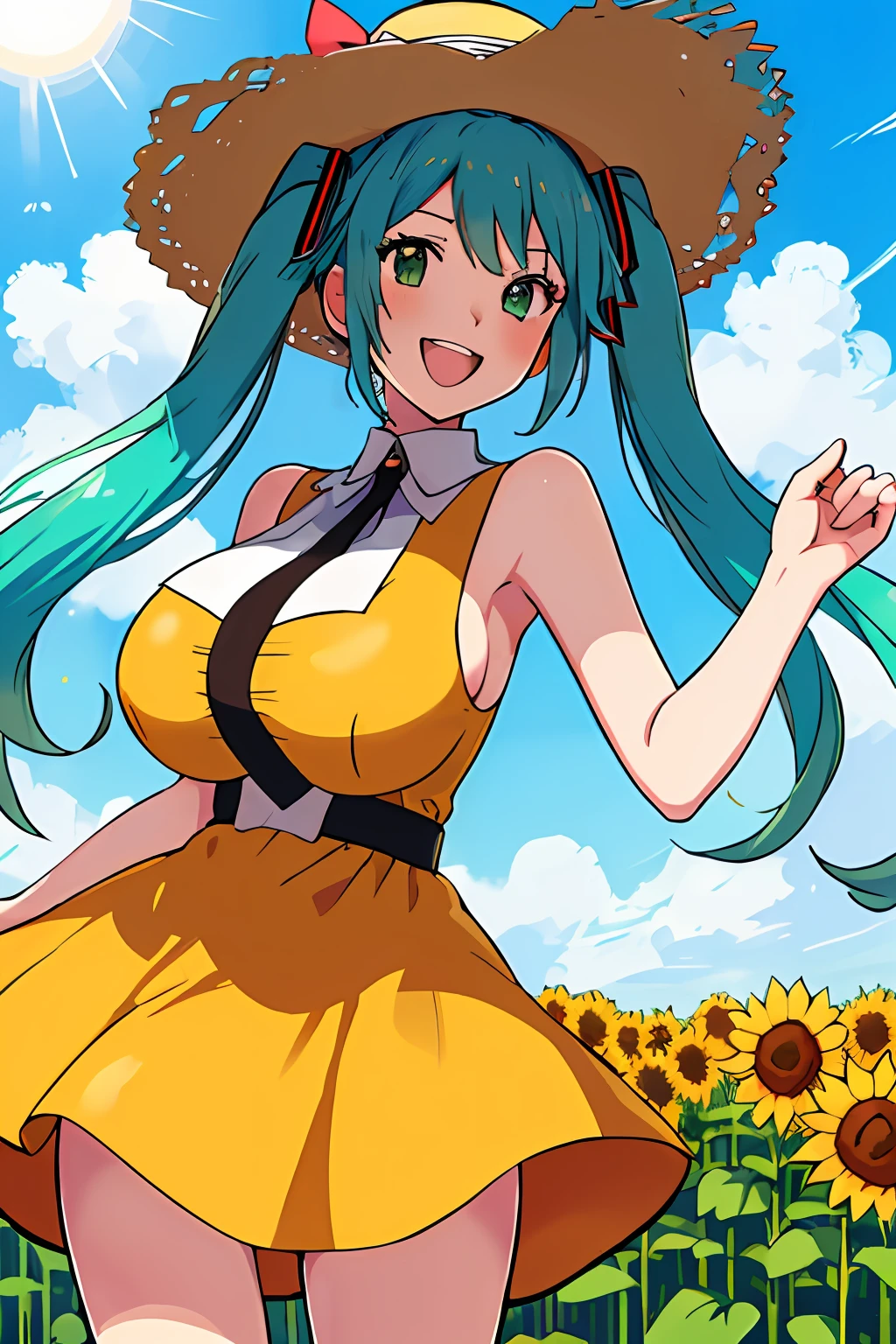 (Best Quality, masutepiece:1.3), (perfect  detail:1.1), 1girl in, Solo, iompoke, sugimori ken \(Style\), Sleeveless, Sun hat, Sunflower field, Smile, Happy, Cowboy Shot, Short dress, Twin-tailed、miku hatsune、Green eyes、huge-breasted