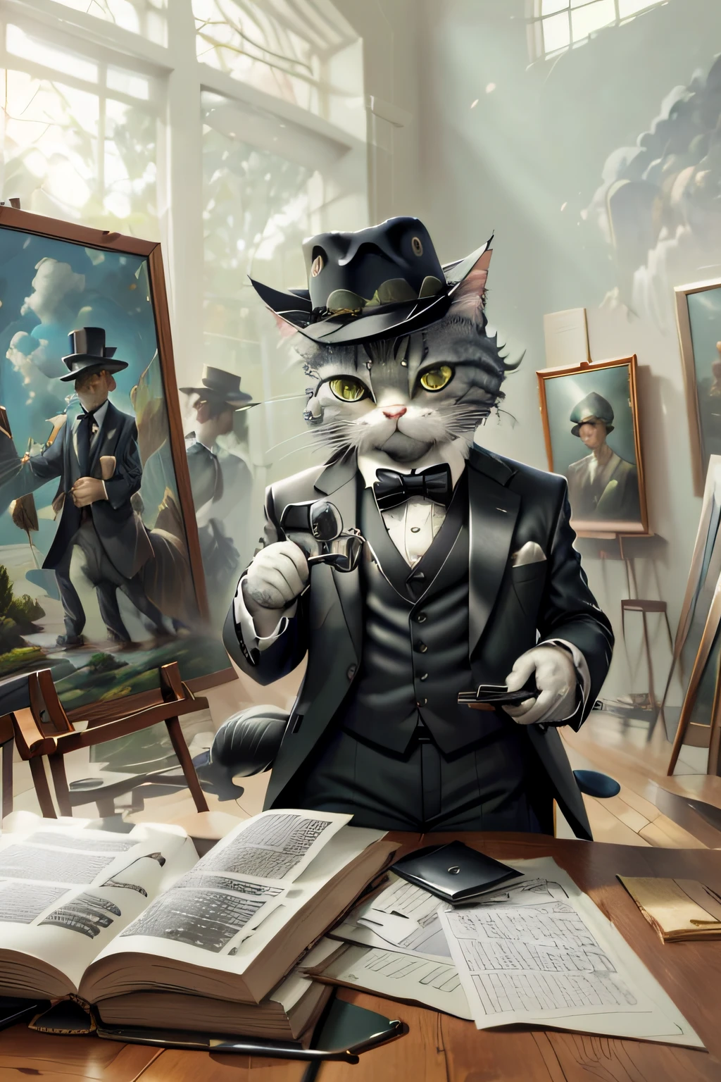 high-definition photography, (Silver tabby cat:1.2)anthropomorphic turtle, wearing black suits,Wearing a gentleman's hat,Hold a magnifying glass,In the art museum,Oil painting in the background,gallery(Oil painting c4ttitude:) ultra-wide-angle, Ultra photo realsisim, intricately details, (Mist:1.1),
