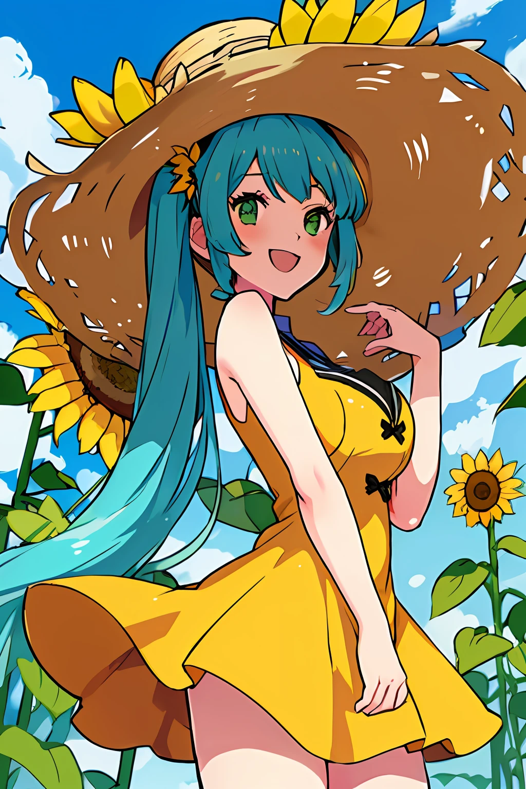 (Best Quality, masutepiece:1.3), (perfect  detail:1.1), 1girl in, Solo, iompoke, sugimori ken \(Style\), Sleeveless, Sun hat, Sunflower field, Smile, Happy, Cowboy Shot, Short dress, Twin-tailed、miku hatsune、Green eyes、huge-breasted