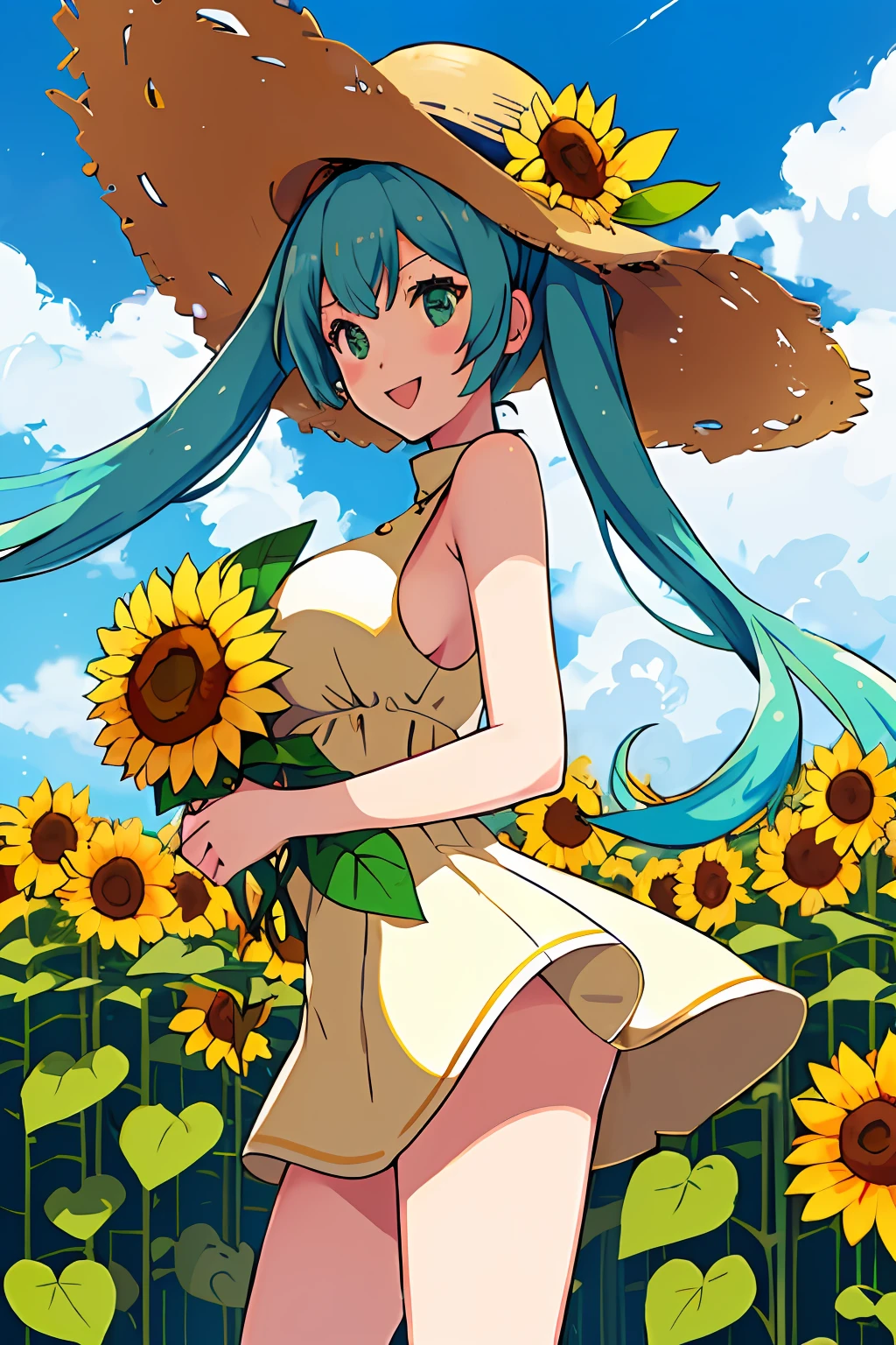 (Best Quality, masutepiece:1.3), (perfect  detail:1.1), 1girl in, Solo, iompoke, sugimori ken \(Style\), Sleeveless, Sun hat, Sunflower field, Smile, Happy, Cowboy Shot, Short dress, Twin-tailed、miku hatsune、Green eyes、huge-breasted