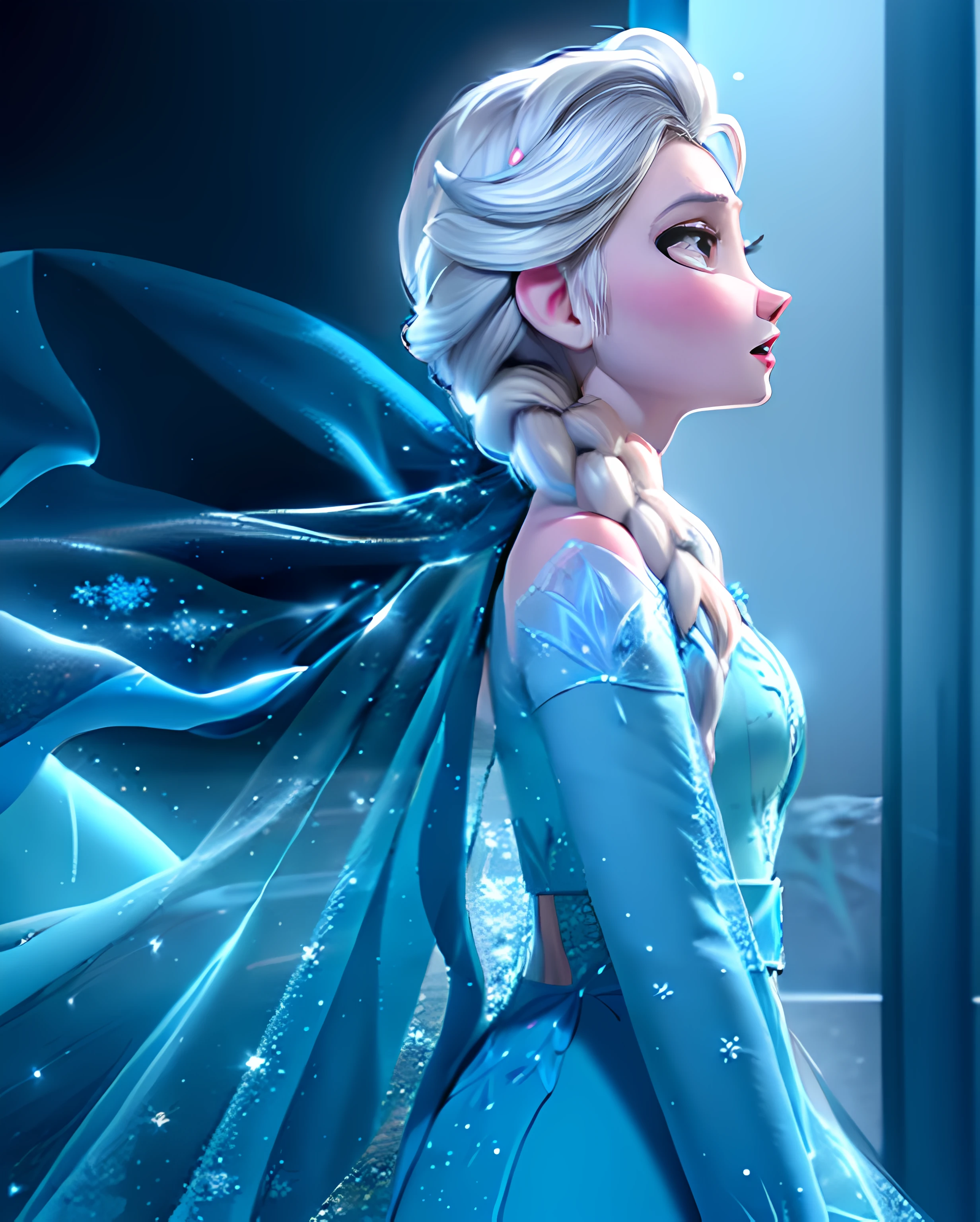 disney's frozen princess elsa is wearing a blue dress and a blue cape, beautiful elsa, elsa frozen, elsa from frozen, portrait of elsa of arendelle, portrait of elsa from frozen, elsa, frozen ii movie still, frozen ii klaus film, frozen like a statue, in style of disney animation, 8k)), cold as ice! 🧊